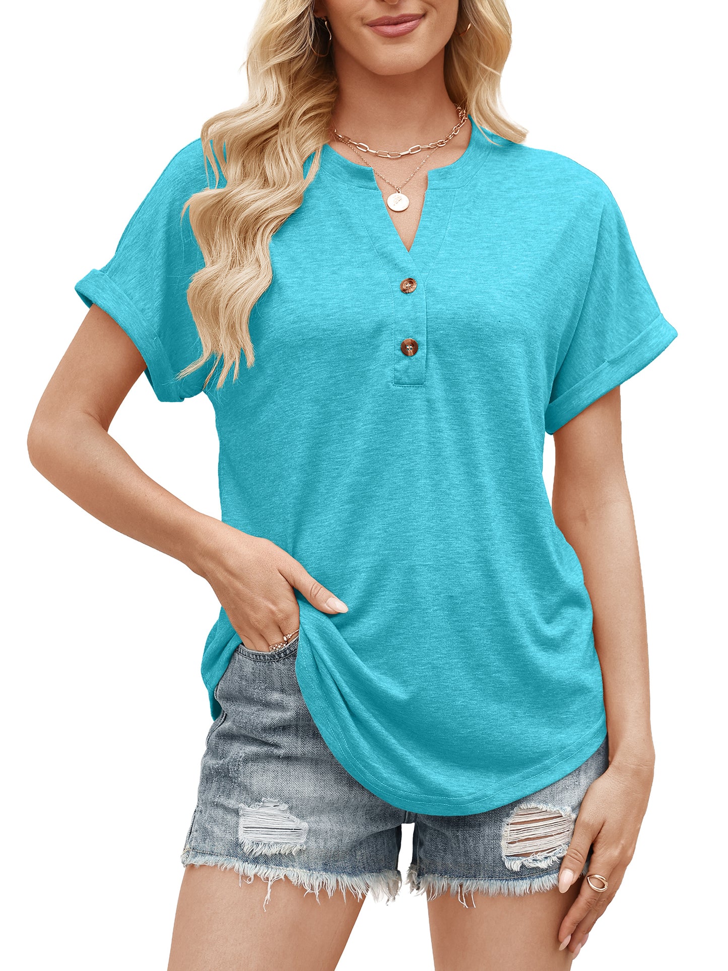 VDJ Womens Blouses Casual Loose Henley V Neck Tee Comfort Lightweight Solid Tee Shirts Summer Mint Blouse