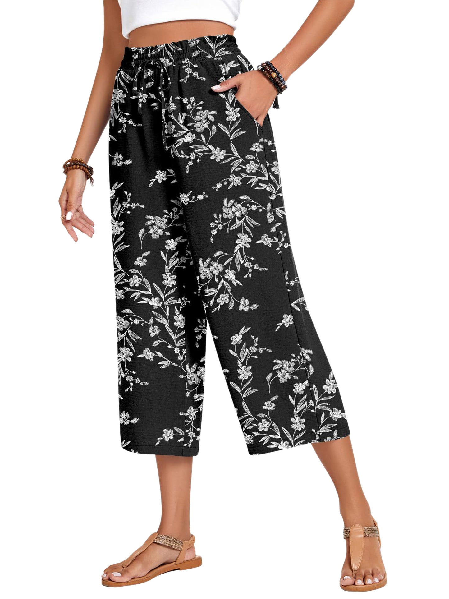 VDJ Womens Capri Pants Elastic Waisted Drawstring Wide Leg Dressy Pants Summer Beach Pockets Cropped Trousers