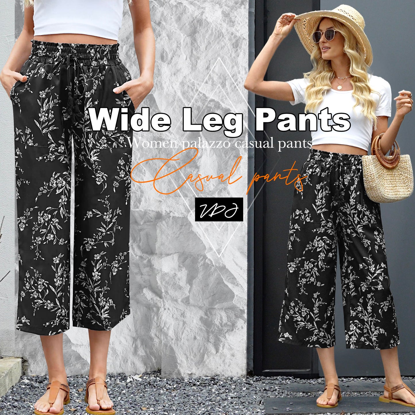 VDJ Womens Capri Pants Elastic Waisted Drawstring Wide Leg Dressy Pants Summer Beach Pockets Cropped Trousers