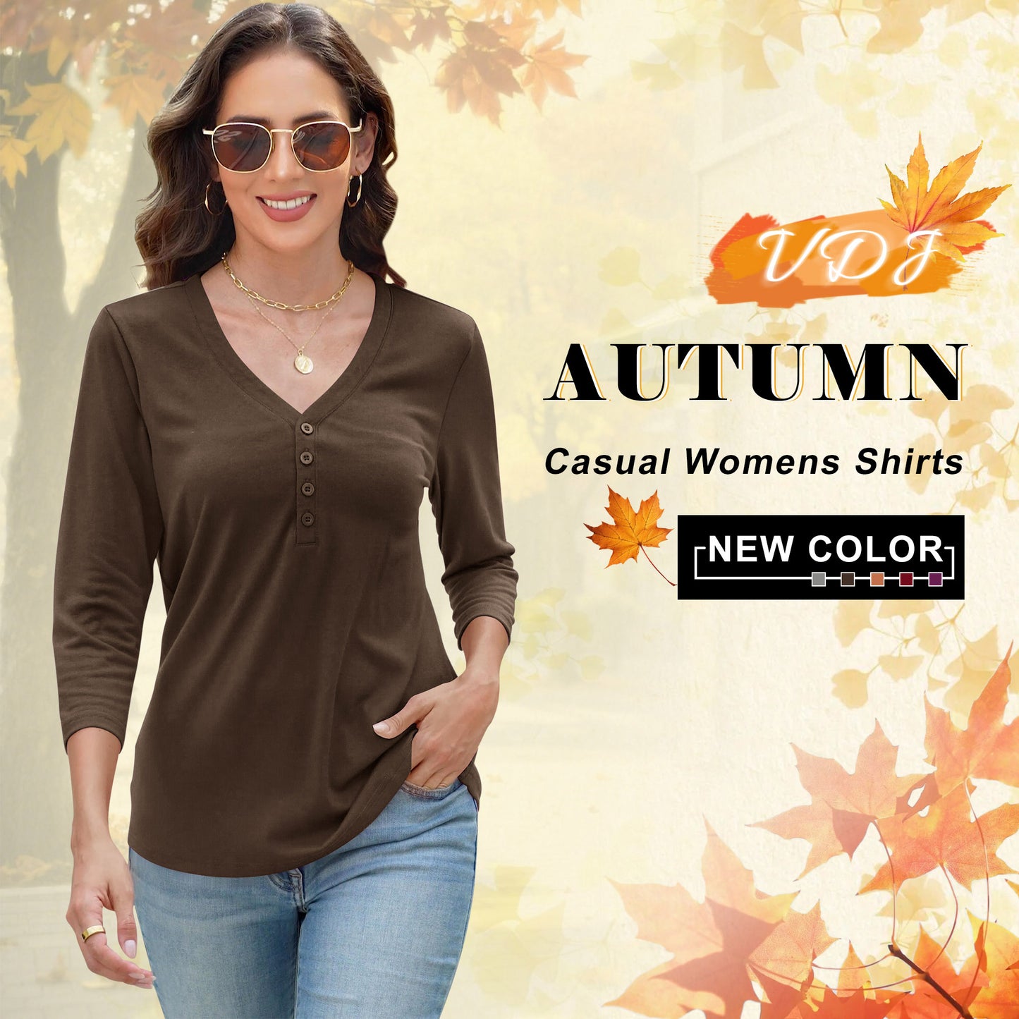 VDJ Women's 2025 Fashion Tops 3/4 Sleeve T-Shirts Cute V Neck Basic Business Tees Coffee Blouses