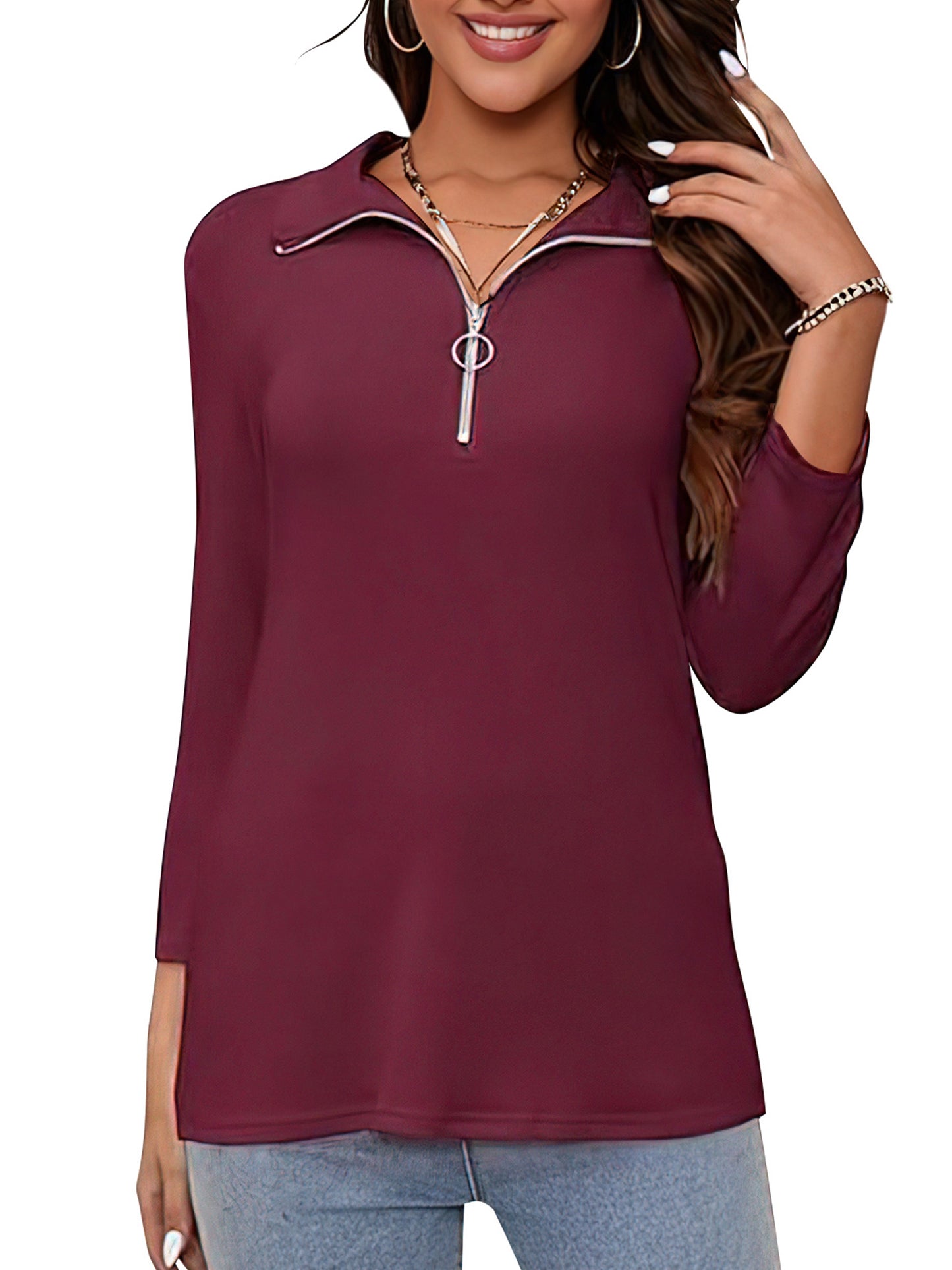 VDJ Women Dressy Tops 3/4 Sleeve Zip Up Collard Tops Casual Vintage Wine Red Fall Polo Shirts Clothing