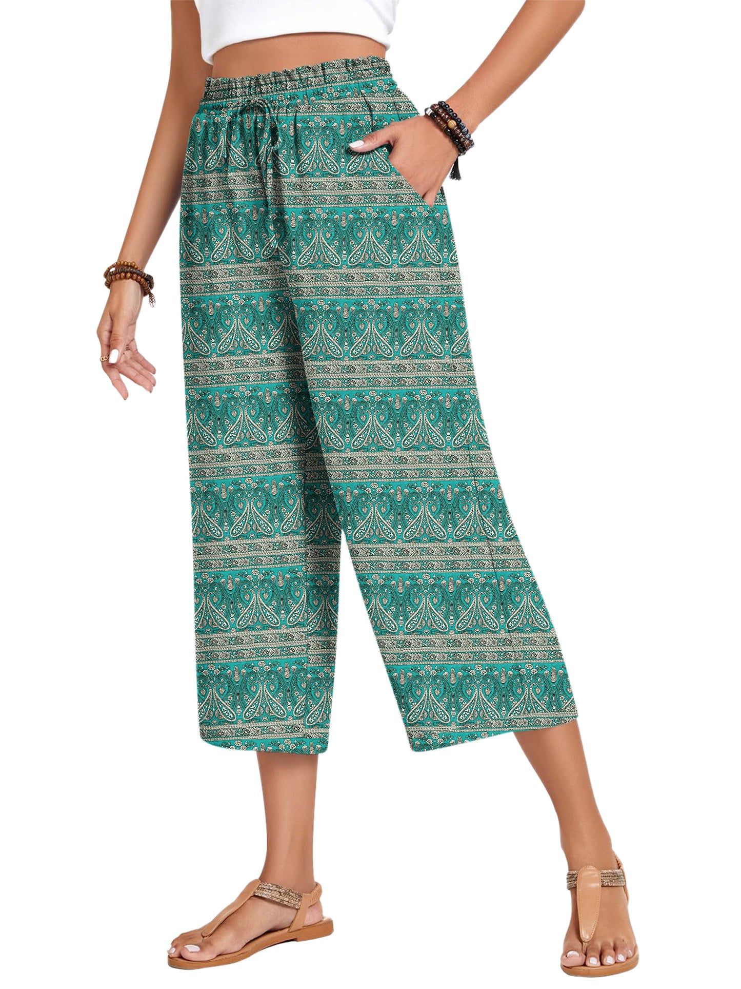 VDJ Women's Cropped Pants Summer Boho Fashion Floral Printed Wide Leg Capri Business Work Pants with Pockets