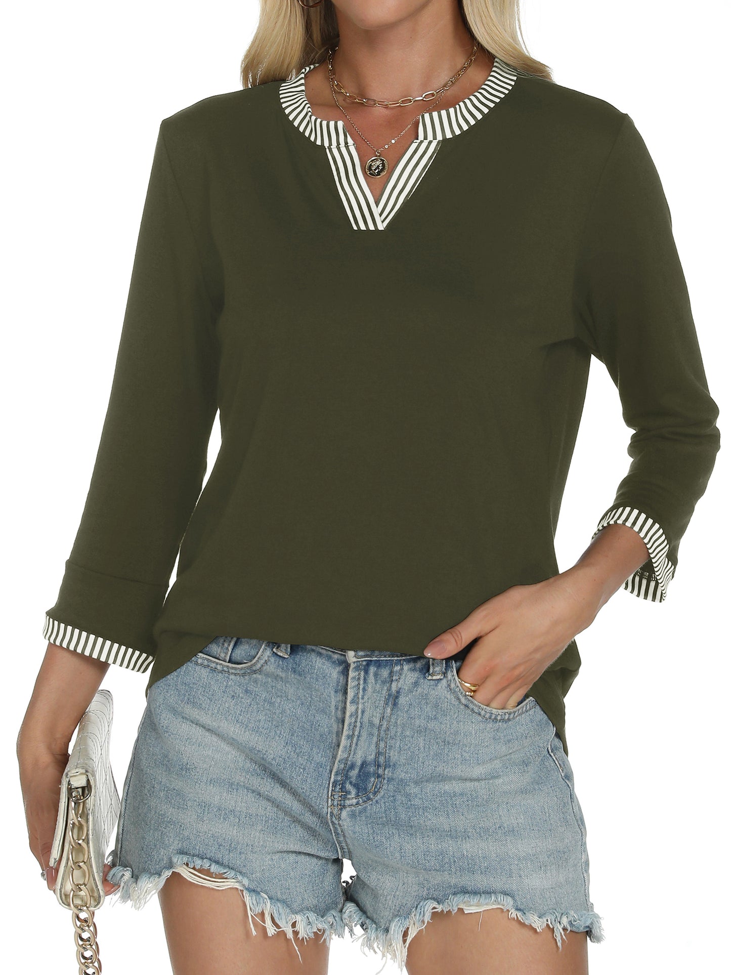 VDJ Womens Tops Henley V Neck 3/4 Sleeve T Shirts Casual Dressy Fall Blouses Color Block Army Green Business Tee Clothes