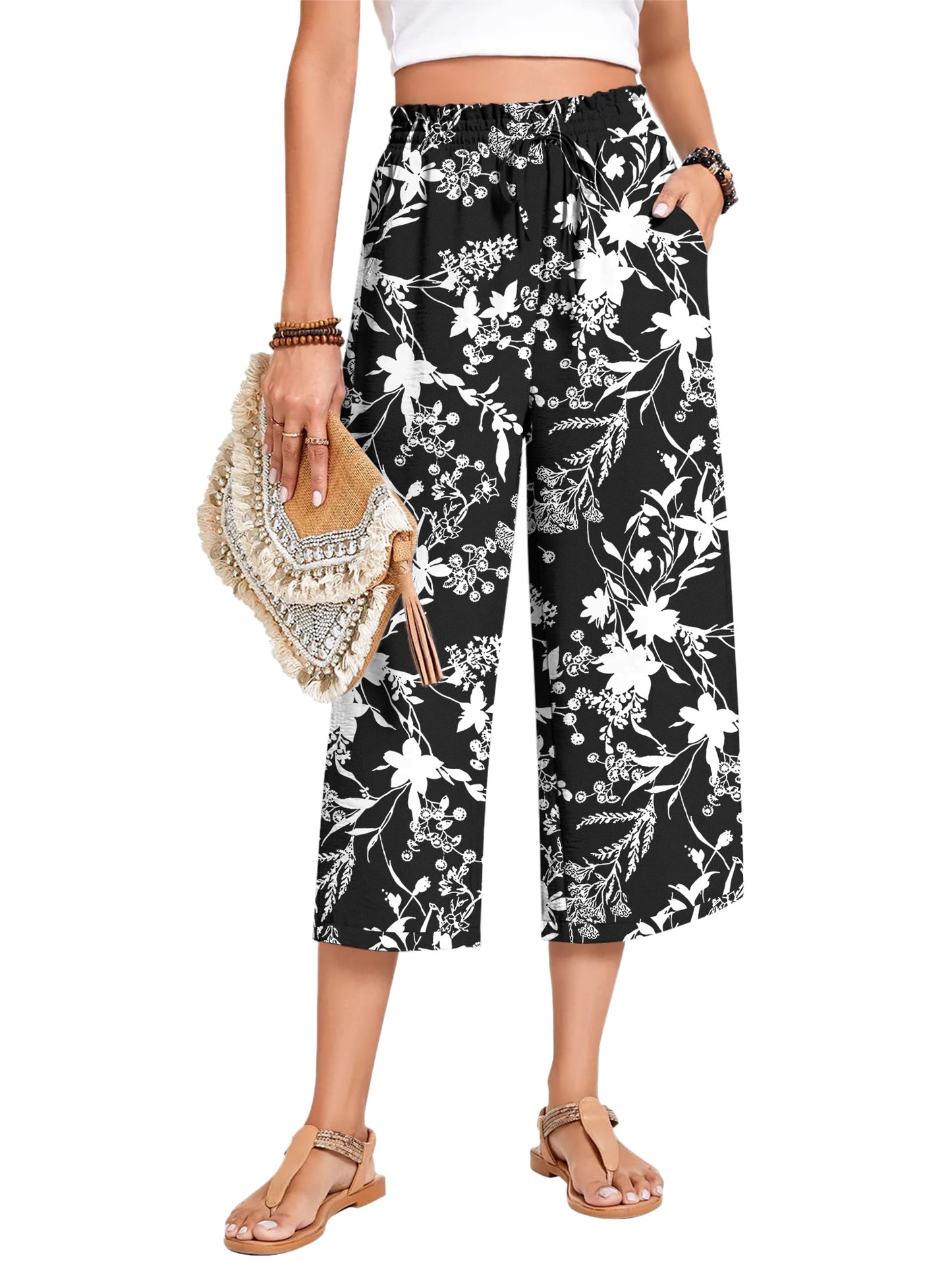 VDJ Women's Smmer Capri Pants Casual Wide Leg Elastic Waist Lightweight Floral Printed Cropped Loose Pants with Pockets