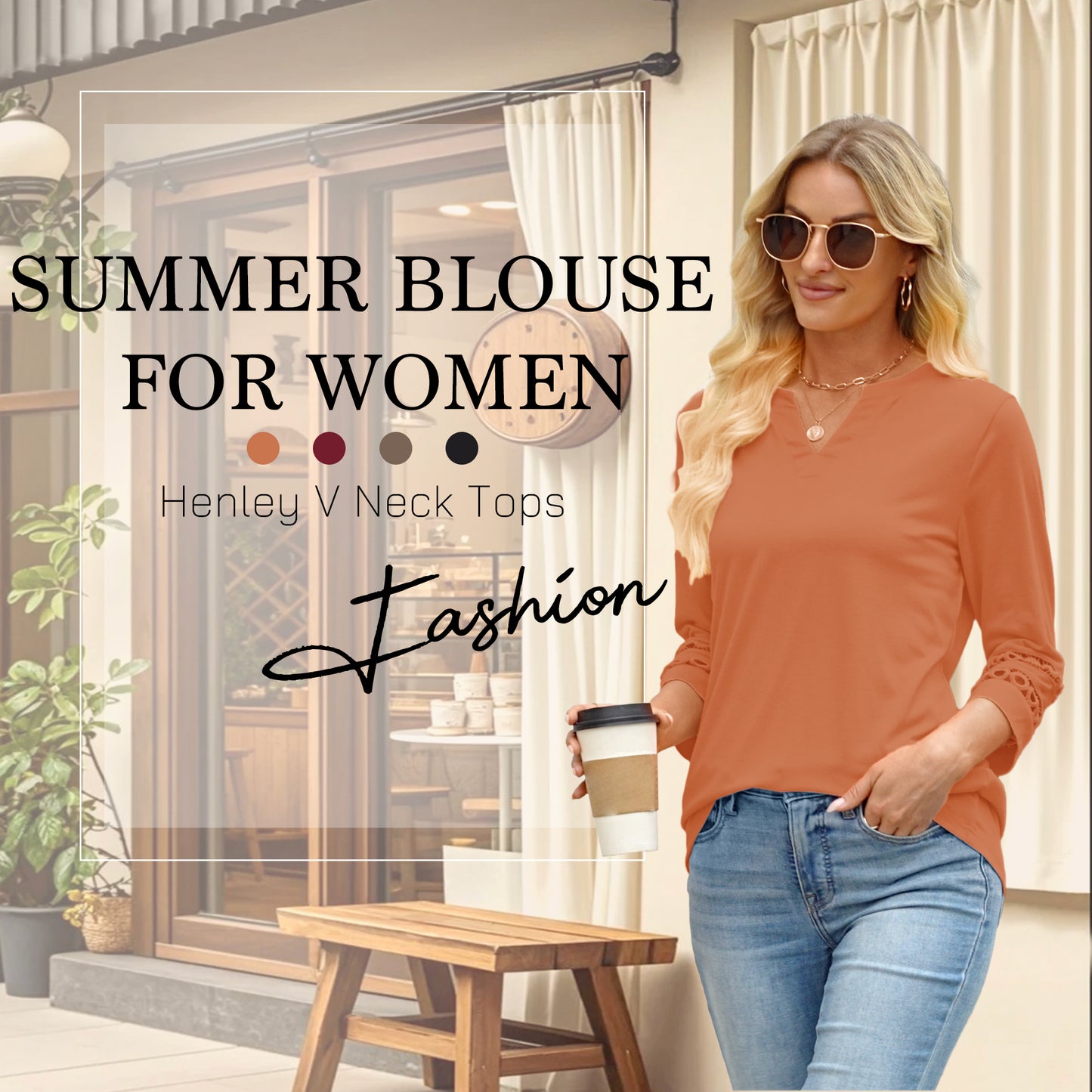 VDJ Summer Blouses for Women Casual Loose Hollow Out 3/4 Sleeve V Neck Shirts Trendy Cool Coffee Henley Tshirts