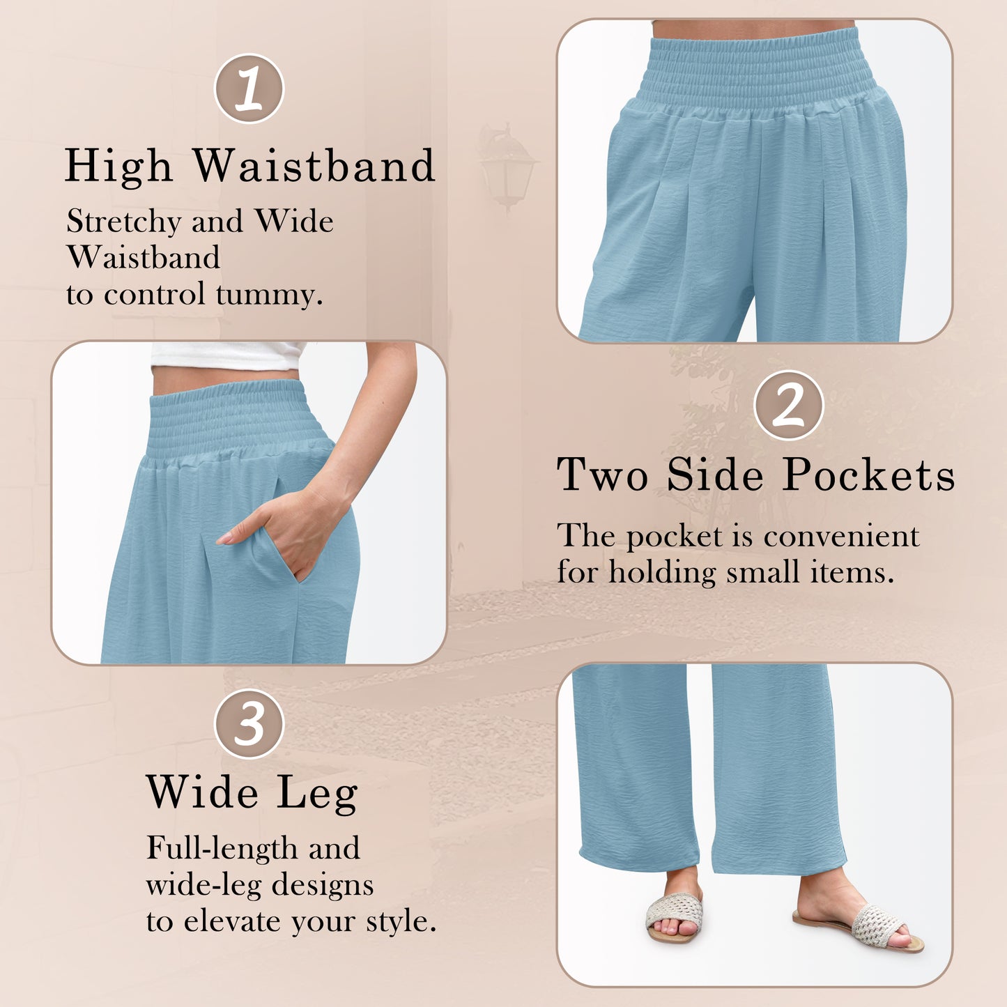 VDJ Womens Pants Summer Boho Elastic Wide Waistband Fashion Wide leg Beach Pants Sky Blue Ladies Trouser