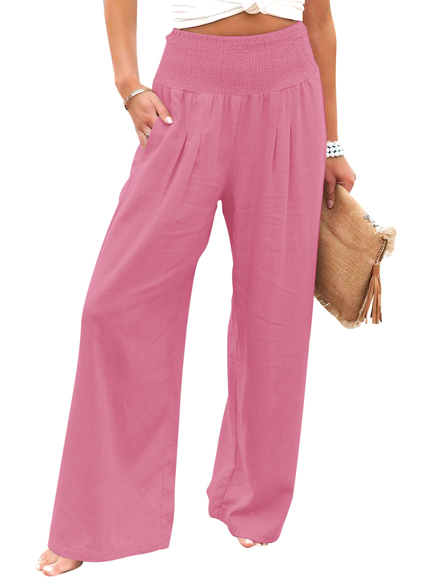 VDJ Summer Pants for Women Wide Leg Dress Pants Elastic Waist Palazzo Pants Dusty Pink Trousers with Pocket