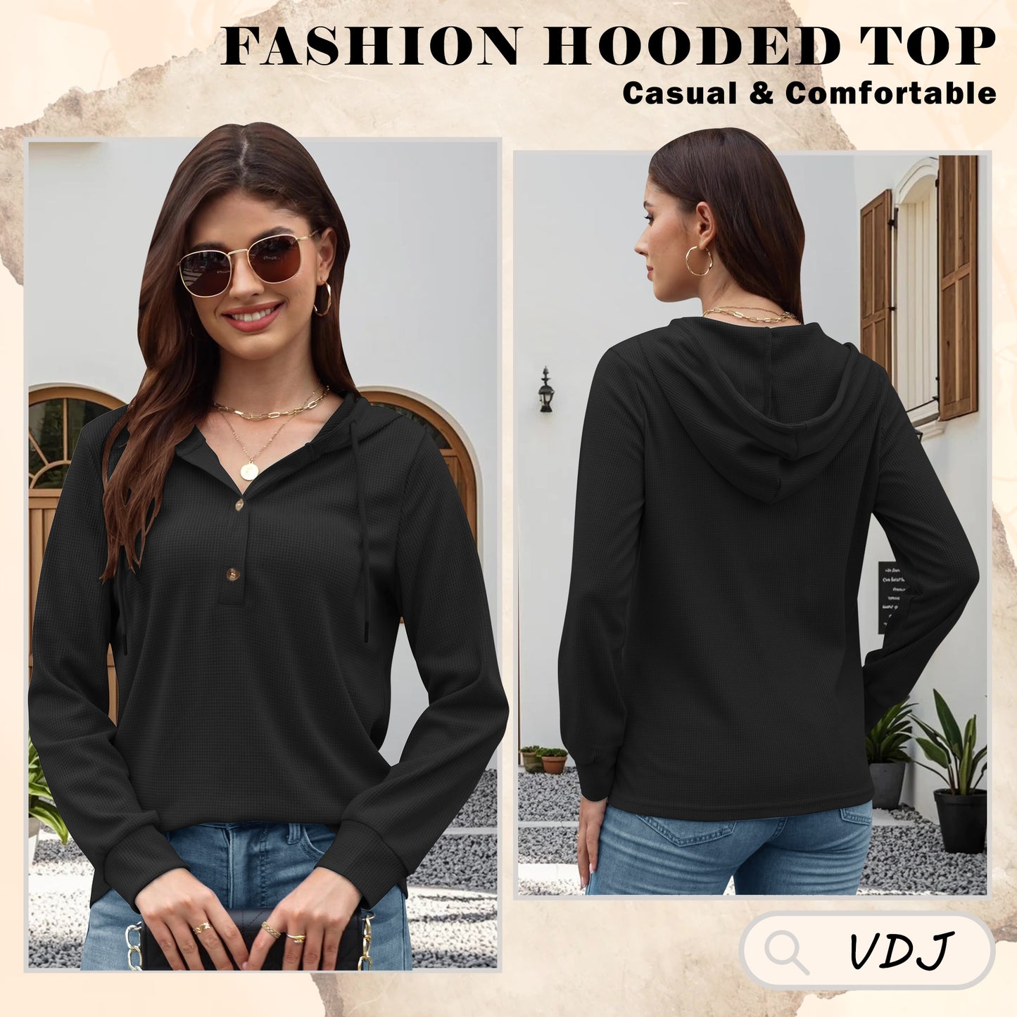 VDJ Hoodies for Women Casual Long Sleeve Fall Sweatshirts Pullover Drawstring Hood Tops Black Womens Clothes