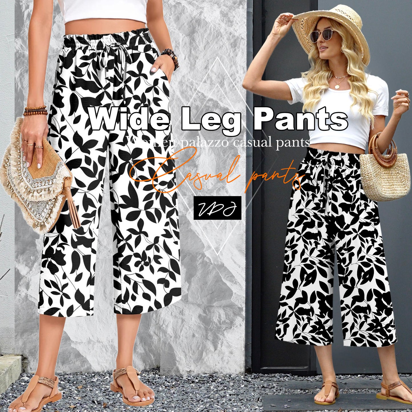 VDJ Women Summer Pants Elastic Waist Floral Bohemian Wide Leg Capri Pants Palazzo Casual Cropped Pants