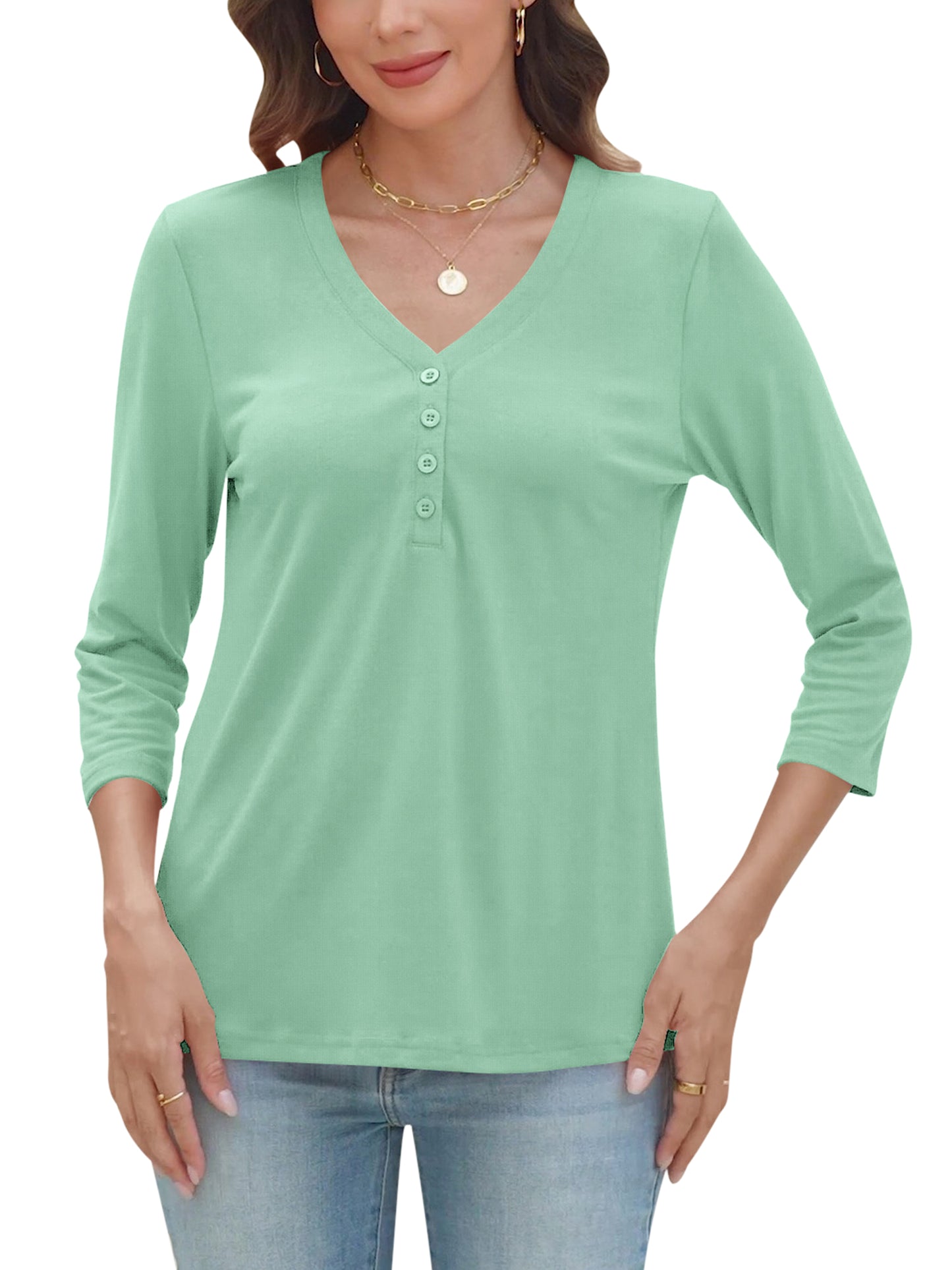 VDJ Tops for Women Button V Neck Stylish Summer Tops Leisure Baggy Lightweight Peach Pink Holiday Cute Tshirts