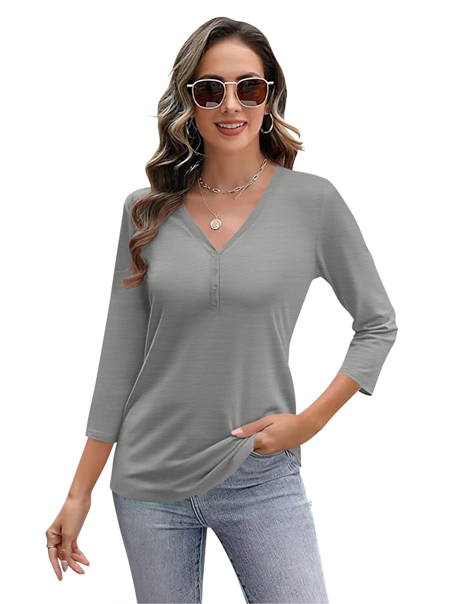 VDJ T Shirts for Women 3/4 Sleeve Summer Fall Basic Tee Solid Color Comfort Cool Light Grey Tunic Tops