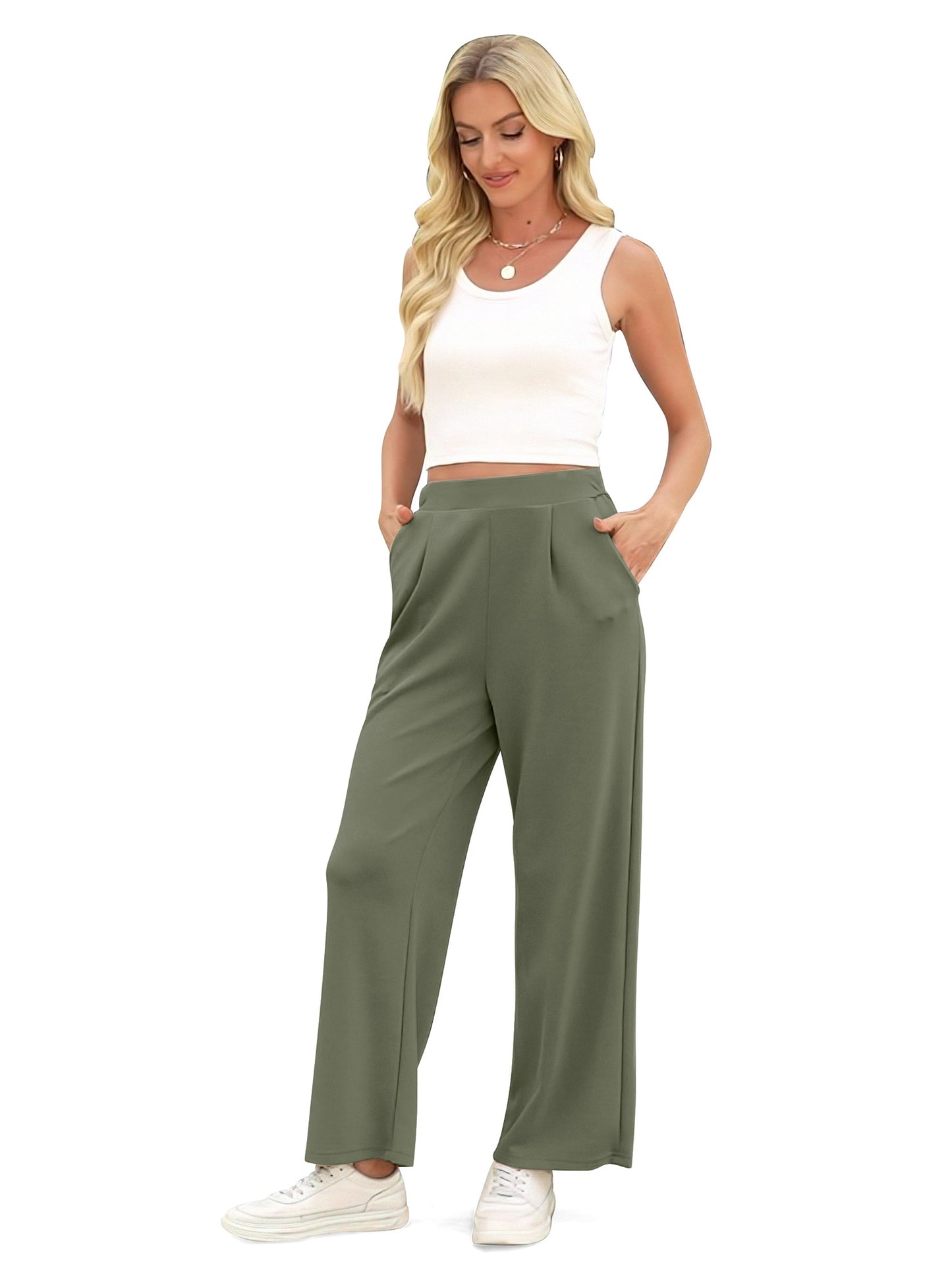 Women Casual Pants High Waisted Stretch Casual Sweatpants Wide Leg Workout Lounge Trousers with Pockets