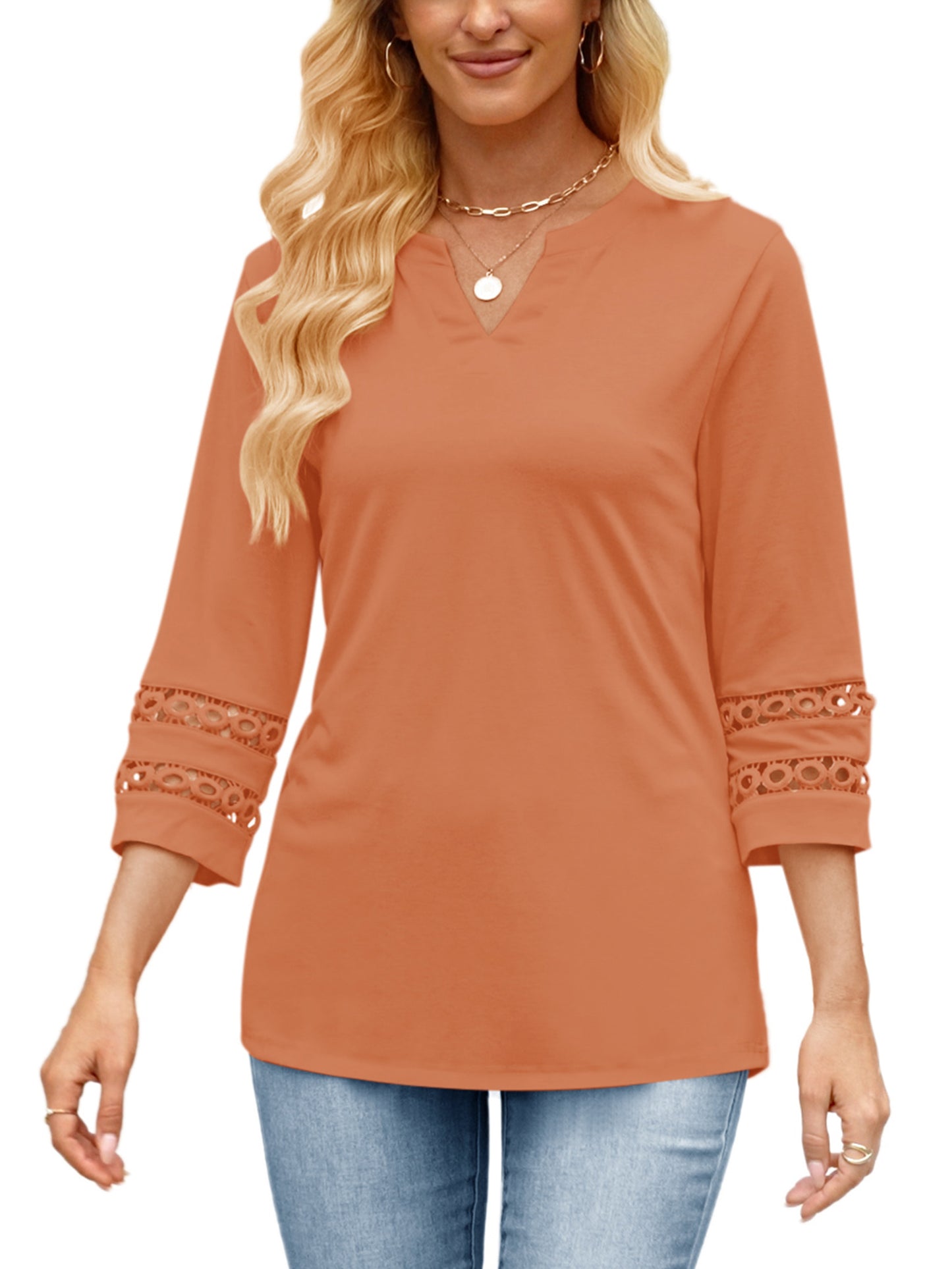 VDJ Summer Blouses for Women Casual Loose Hollow Out 3/4 Sleeve V Neck Shirts Trendy Cool Coffee Henley Tshirts