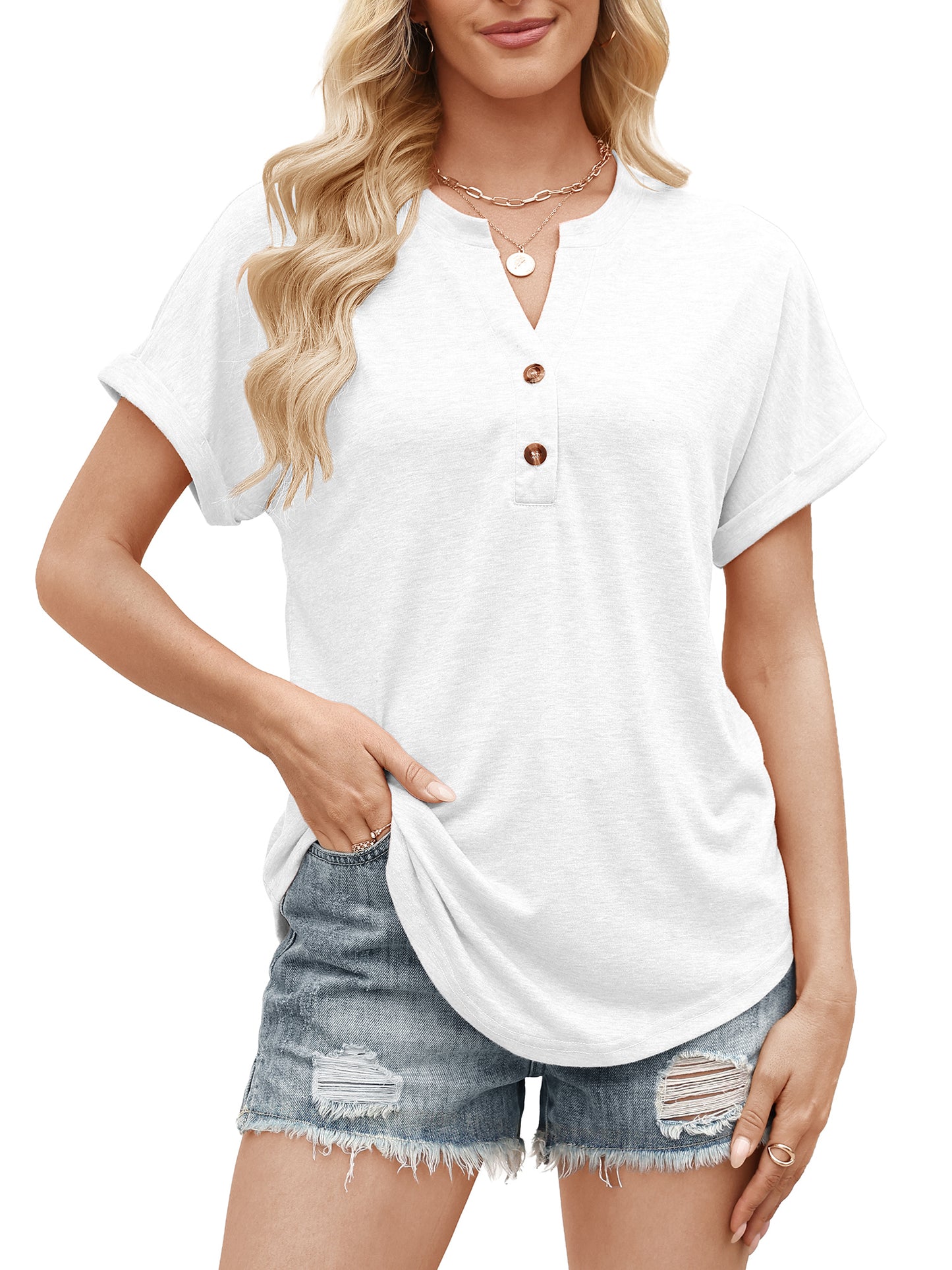 VDJ Womens Short Sleeve Tops Solid Color Henley V Neck T Shirts Fashion Summer Tunic Elegant White Tee Blouse