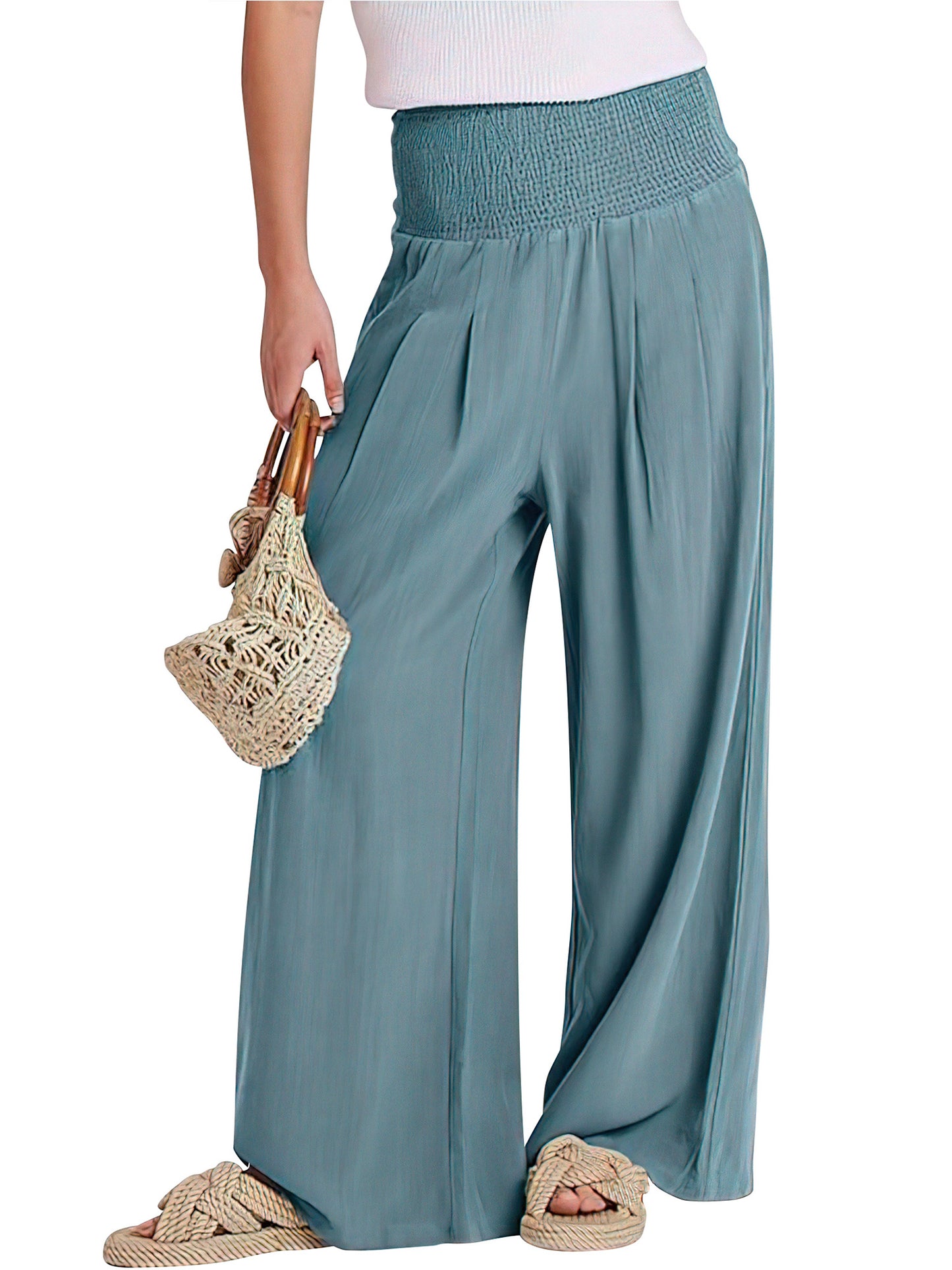 VDJ Women's Pants Summer Bohemian Wide Leg Flowy High Waist Holiday Beach Pants Travel Outfits Side Pockets