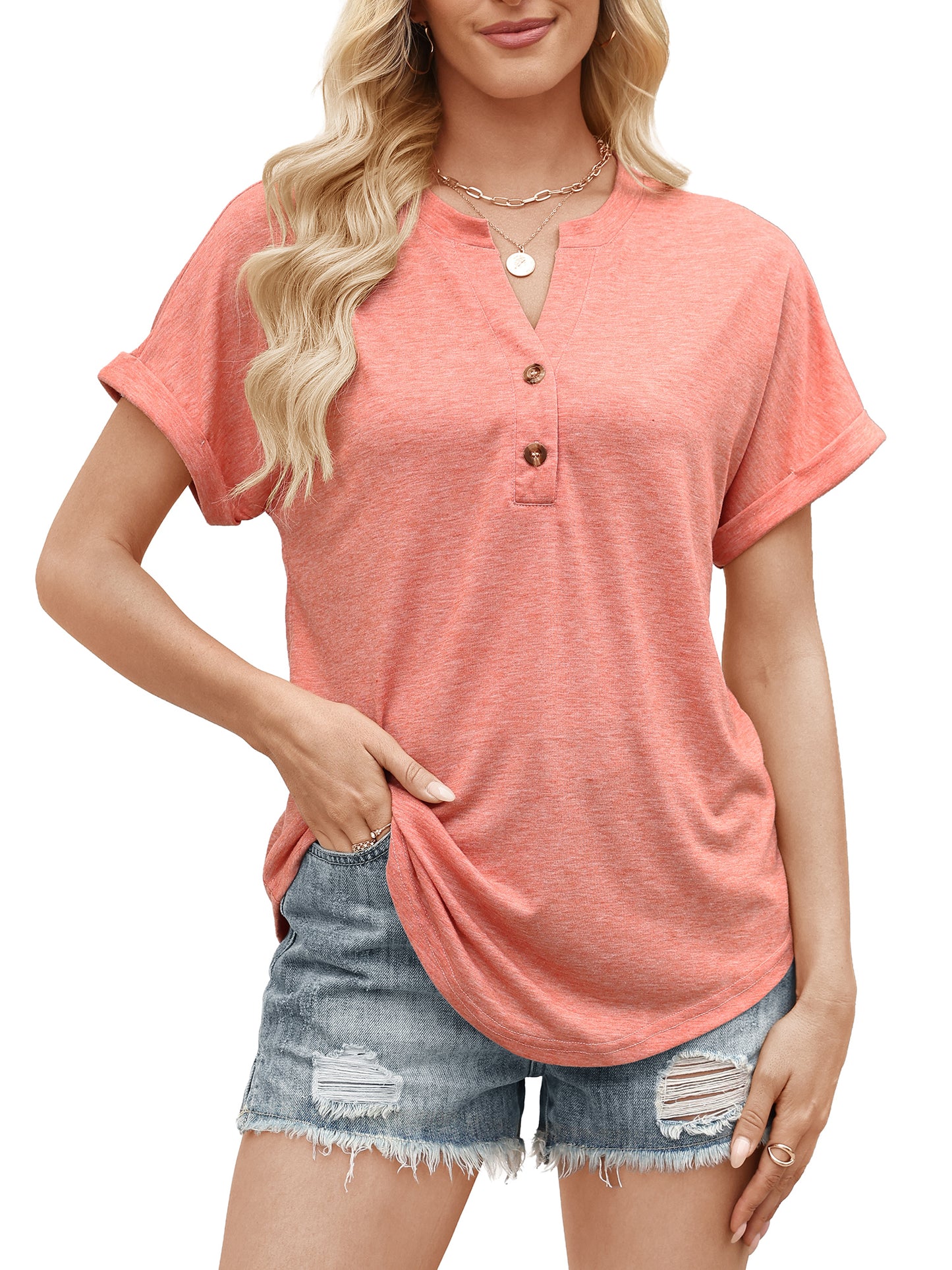 VDJ Womens Tops Fashion Short Sleeve Summer Button V Neck Shirts Loose Cute Coral Tunic Blouses for Ladies