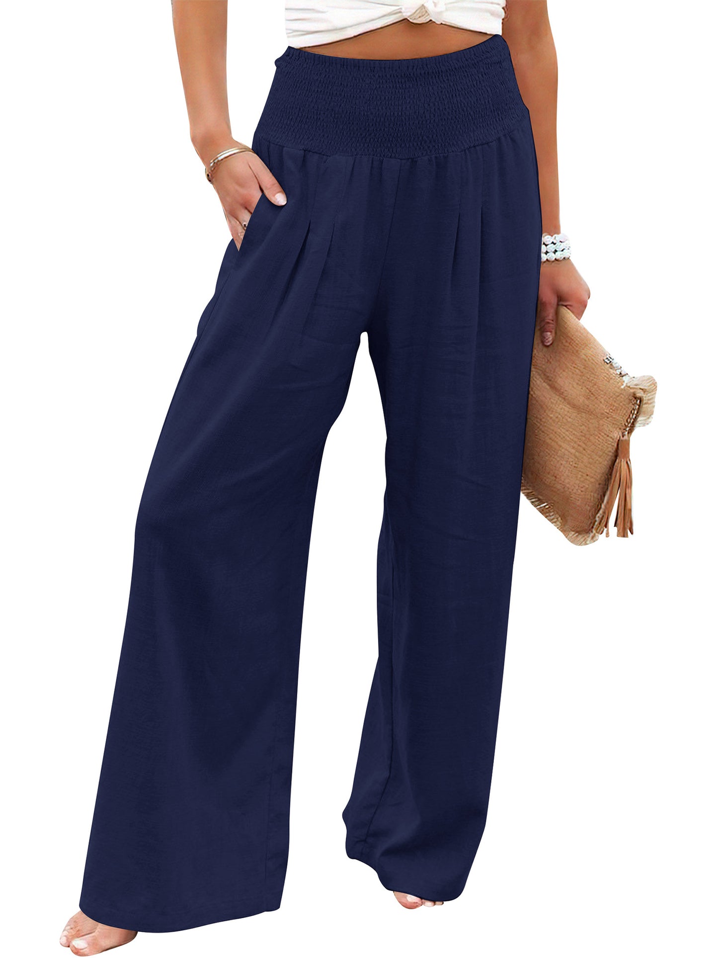 VDJ Palazzo Pants for Women Dressy High Waisted Wide Leg Lounge Pants Casual Navy Blue Pants with Pockets