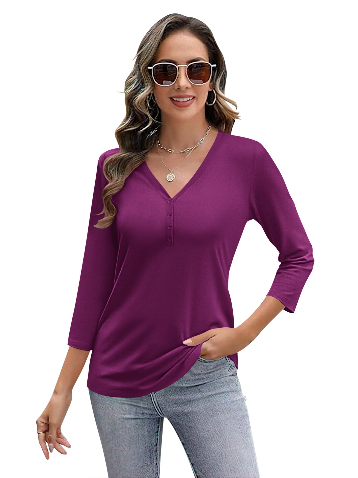 VDJ Women Fall Shirts Lightweight Dressy Casual Tshirts Dark Blue Solid Button Down Blouse Tunic Tops