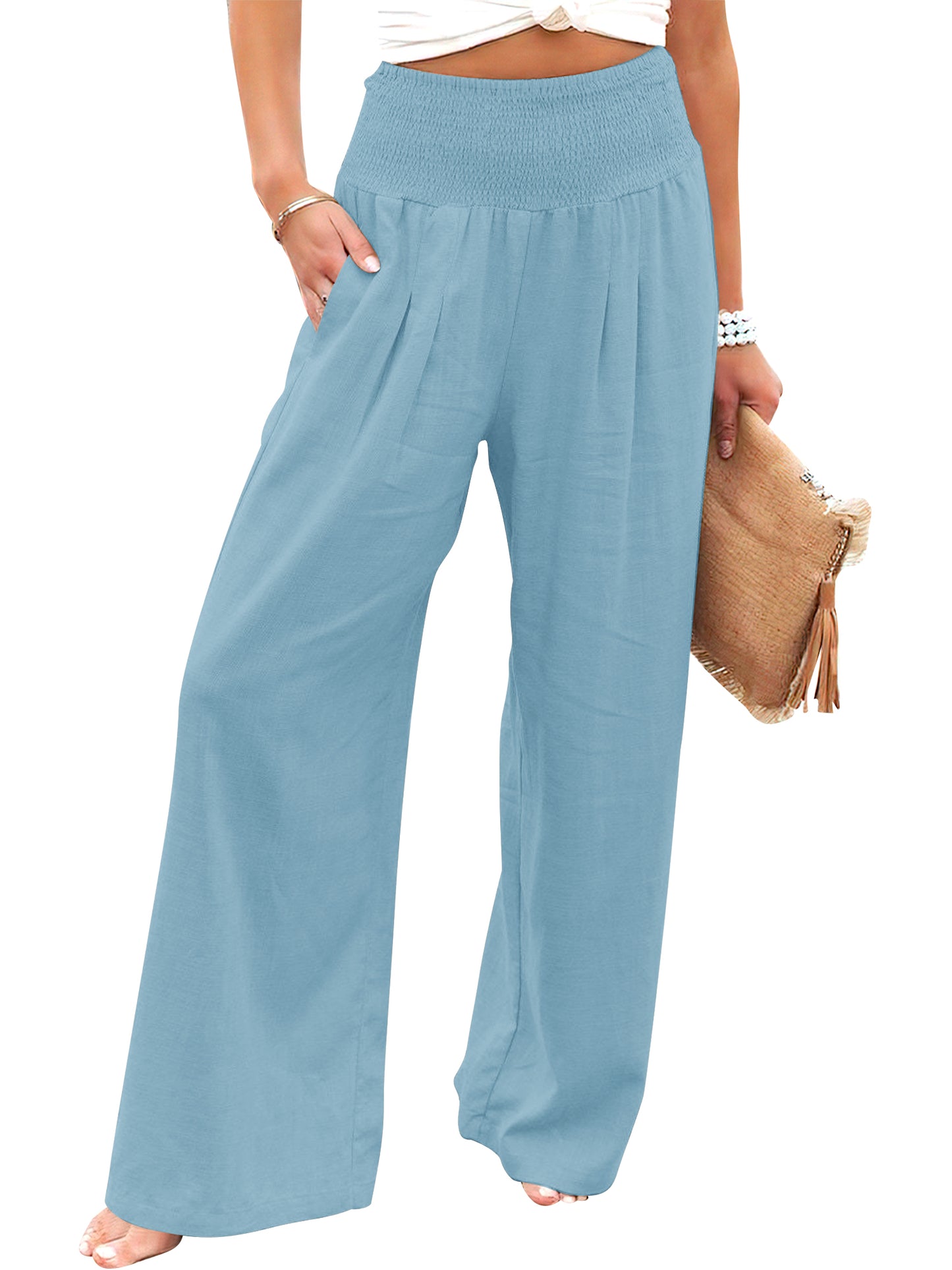 VDJ Womens Pants Summer Boho Elastic Wide Waistband Fashion Wide leg Beach Pants Sky Blue Ladies Trouser