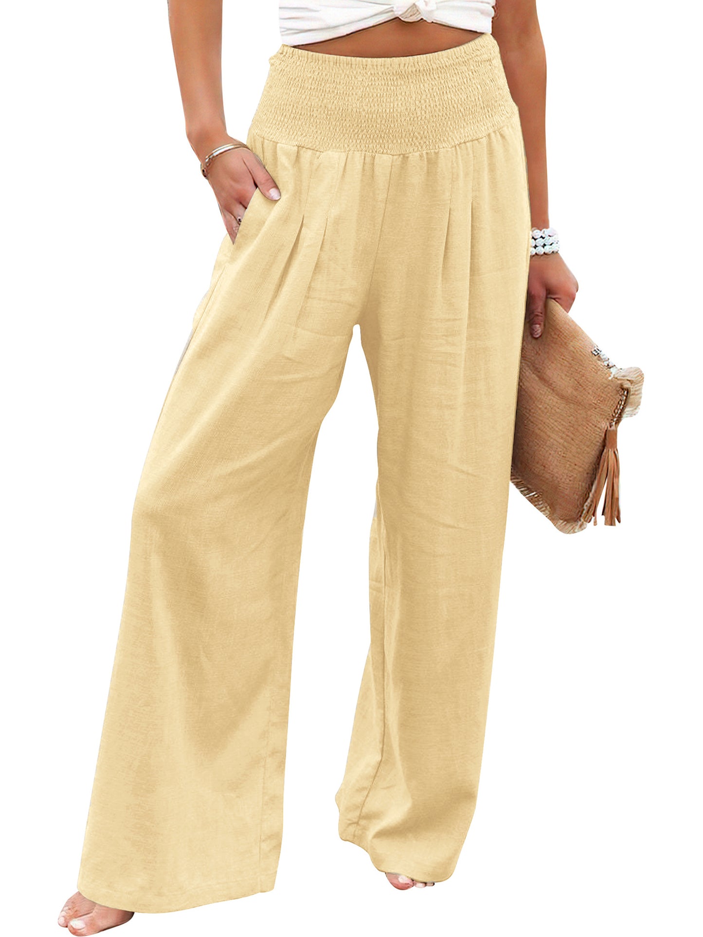 VDJ Women's Casual Wide Leg Pants Summer Boho High Waisted Beach Palazzo Trousers Flowy Lounge Pant