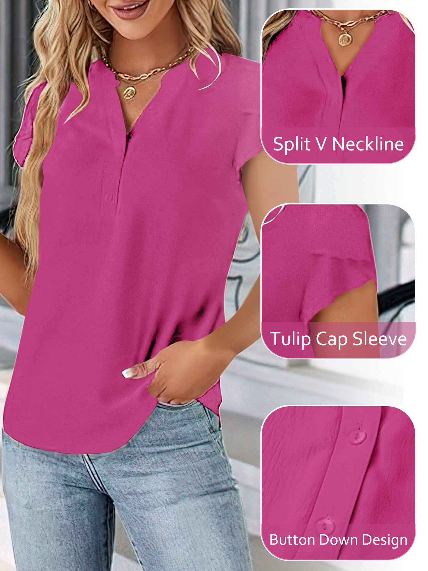 VDJ Summer Shirts for Women Fashion Short Sleeve Button V Neck Casual Fit Blouses Elegant Business Work Tops for Lady