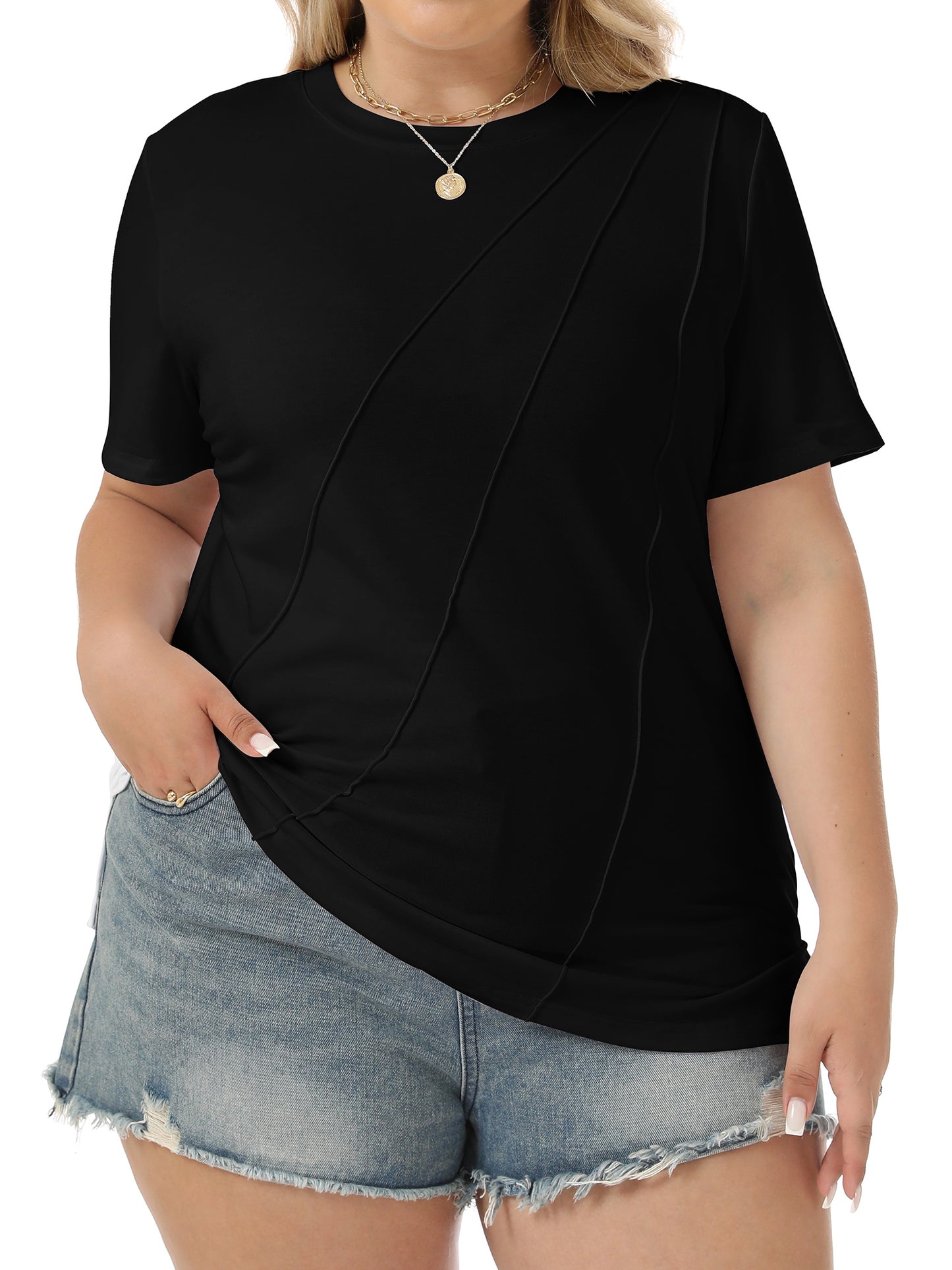 VDJ Women Plus Size Tops Casual Loose Pleated Solid Blouses Oversized Short Sleeve Round Neck Basic Black Tee