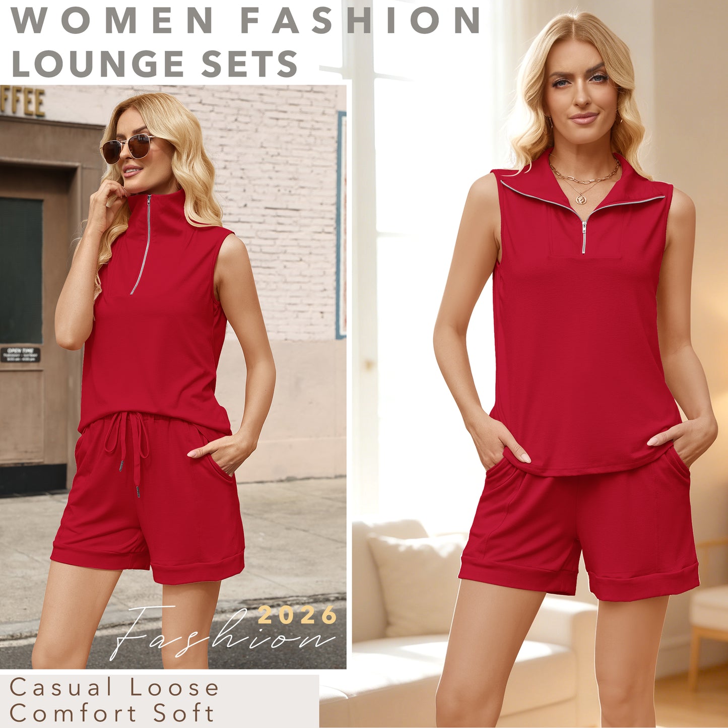 VDJ Women's Lounge Set Two Piece Sleeveless Tank Top & Drawstring Shorts Summer Outfits Comofort Soft Homewear