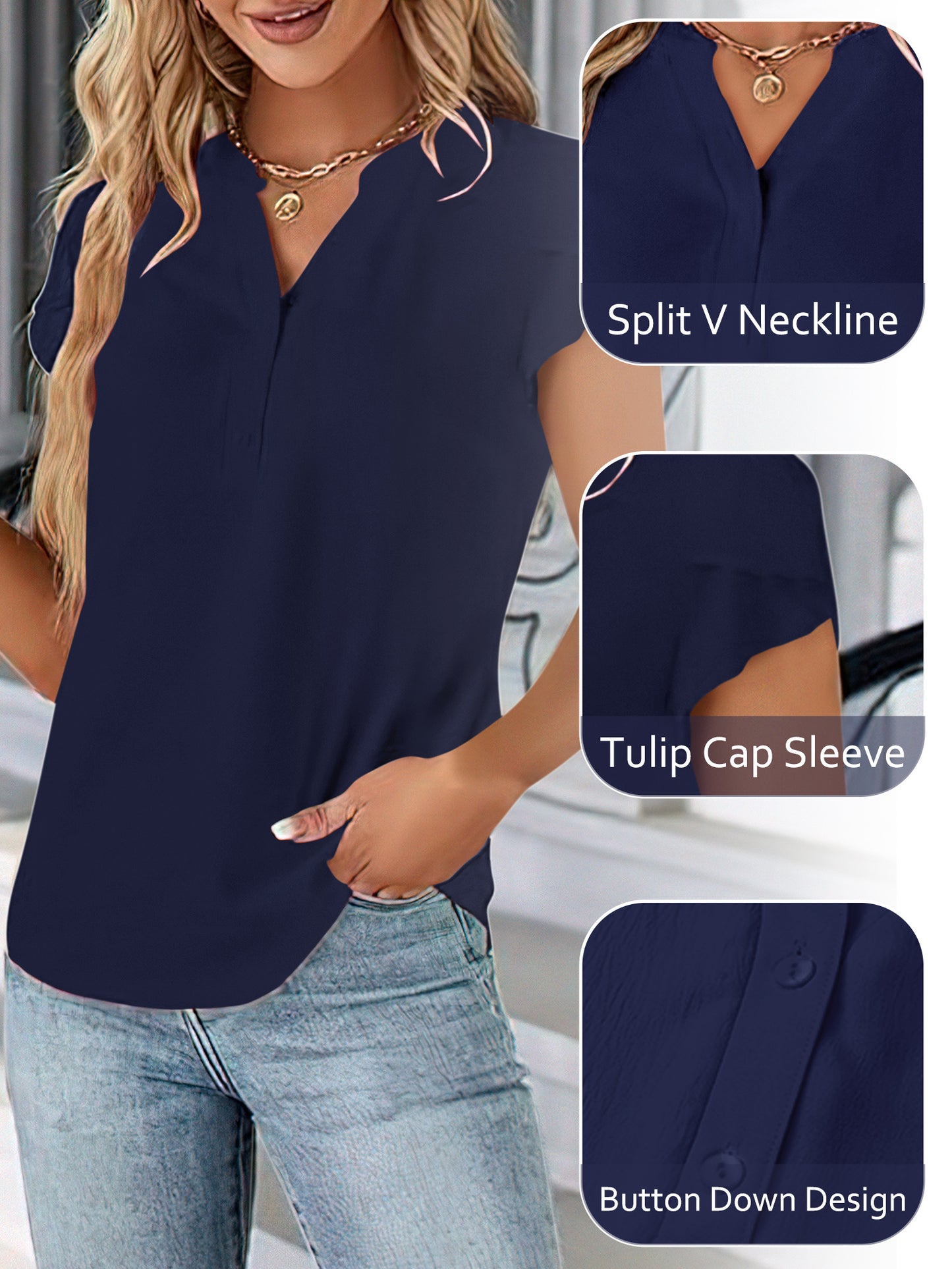 VDJ Women Blouses Dressy Causal V Neck Short Petal Sleeve Business Tops Ladies Summer Navy Blue Trendy Shirts