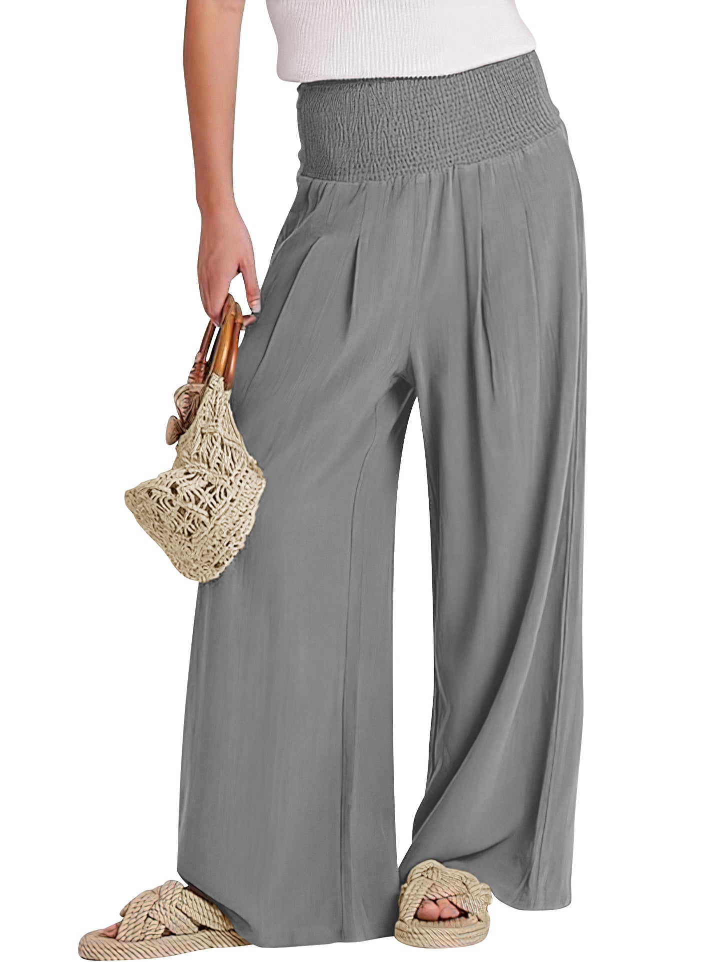 VDJ Womens Pants Elastic High Waisted Palazzo Casual Wide Leg Pockets Lounge Pant Light Gray Vacation Outfit