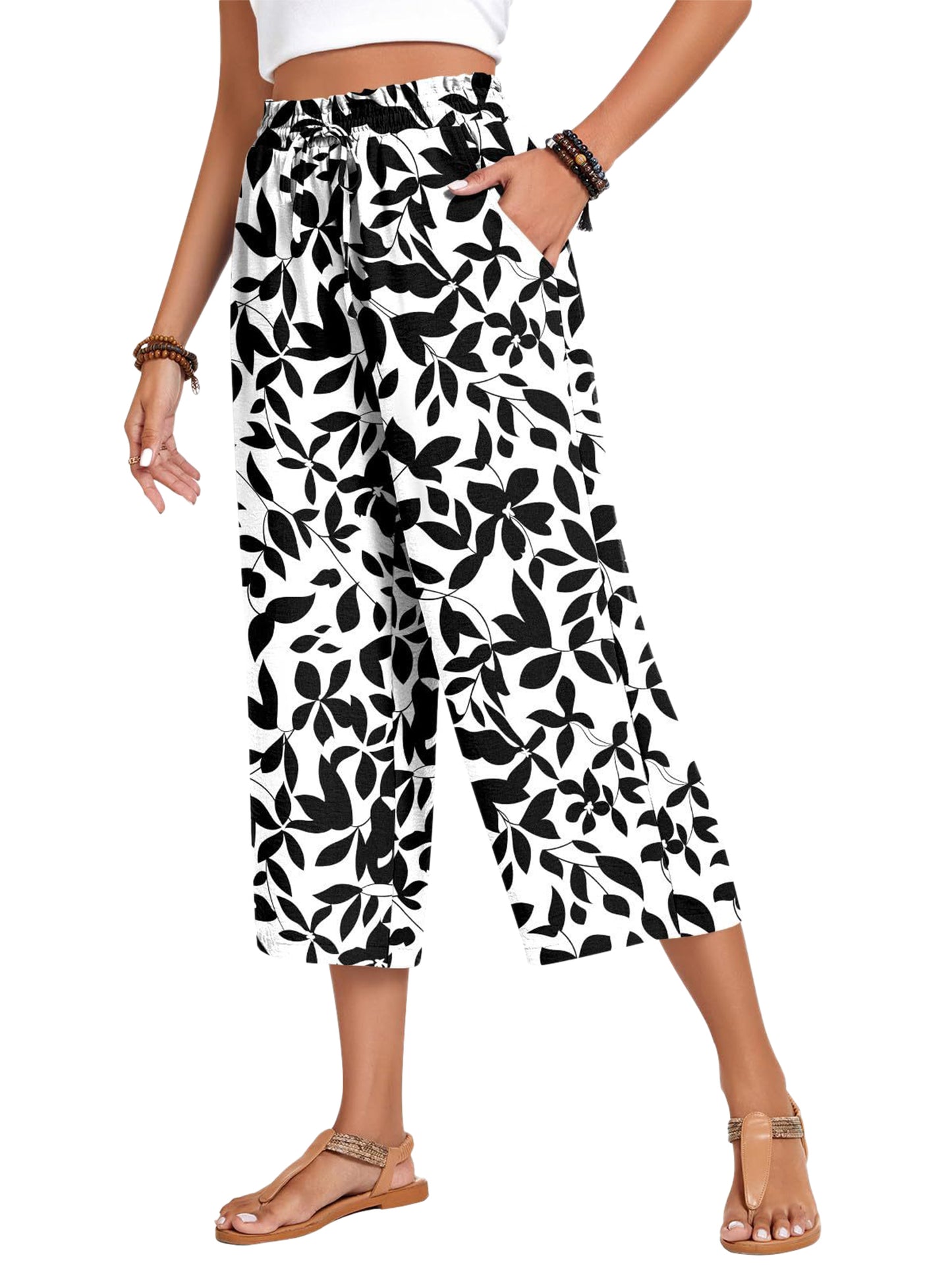 VDJ Women Summer Pants Elastic Waist Floral Bohemian Wide Leg Capri Pants Palazzo Casual Cropped Pants