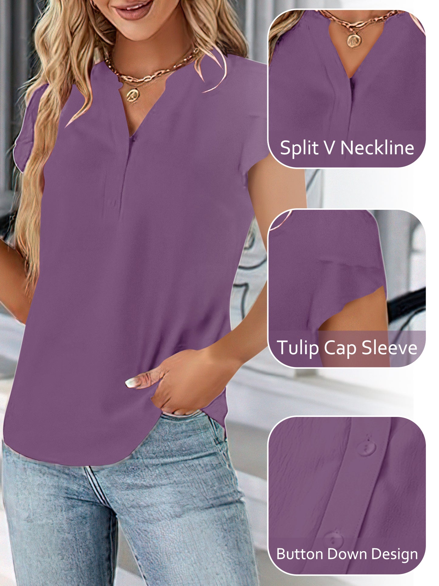 VDJ Women Summer Blouse Short Sleeve Button V Neck Business Casual Top Fashion Lightweight Purple Shirts Clothes