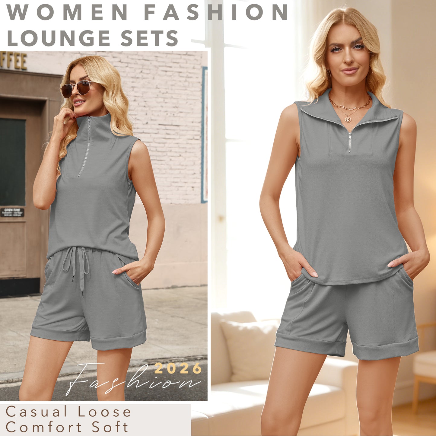 VDJ Outfits for Women 2 Piece Summer Tank Top Pockets Shorts Matching Sweatsuit Sets Travel Outfits Casual Lounge Sets