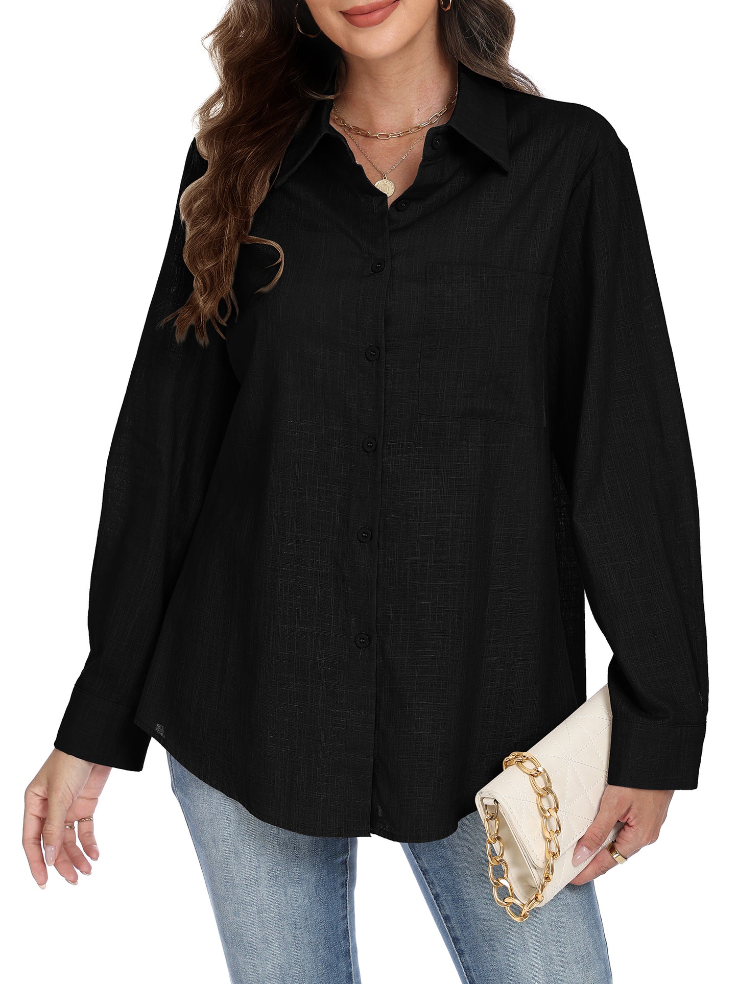 VDJ Button Down Shirts for Women Dressy Casual Solid Color Long Sleeve Collared Blouse Office Work Tops with Pockets