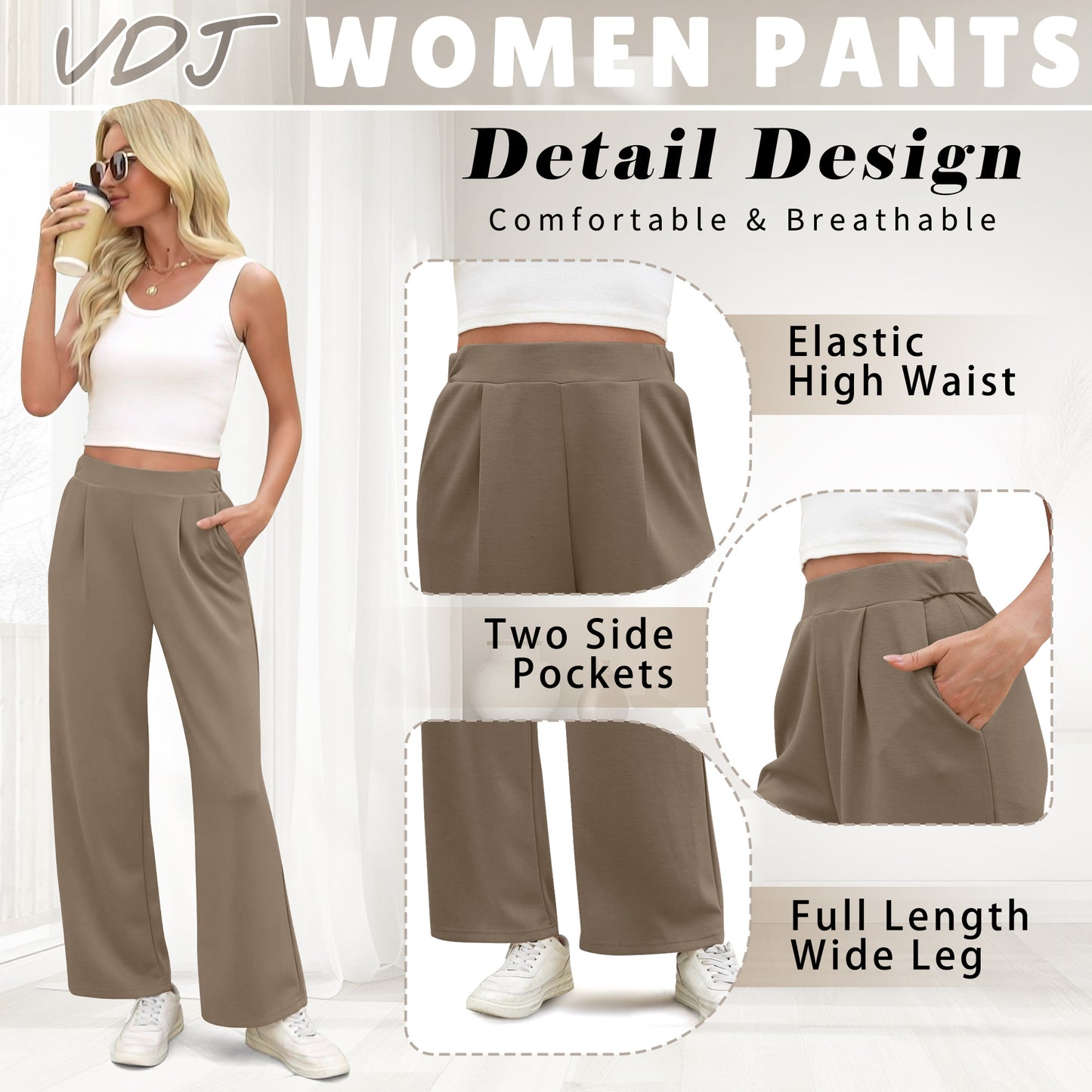 VDJ Wide Leg Pants for Women High Waist Casual Ahleisure Pants Pull On Flare Trousers with Pockets