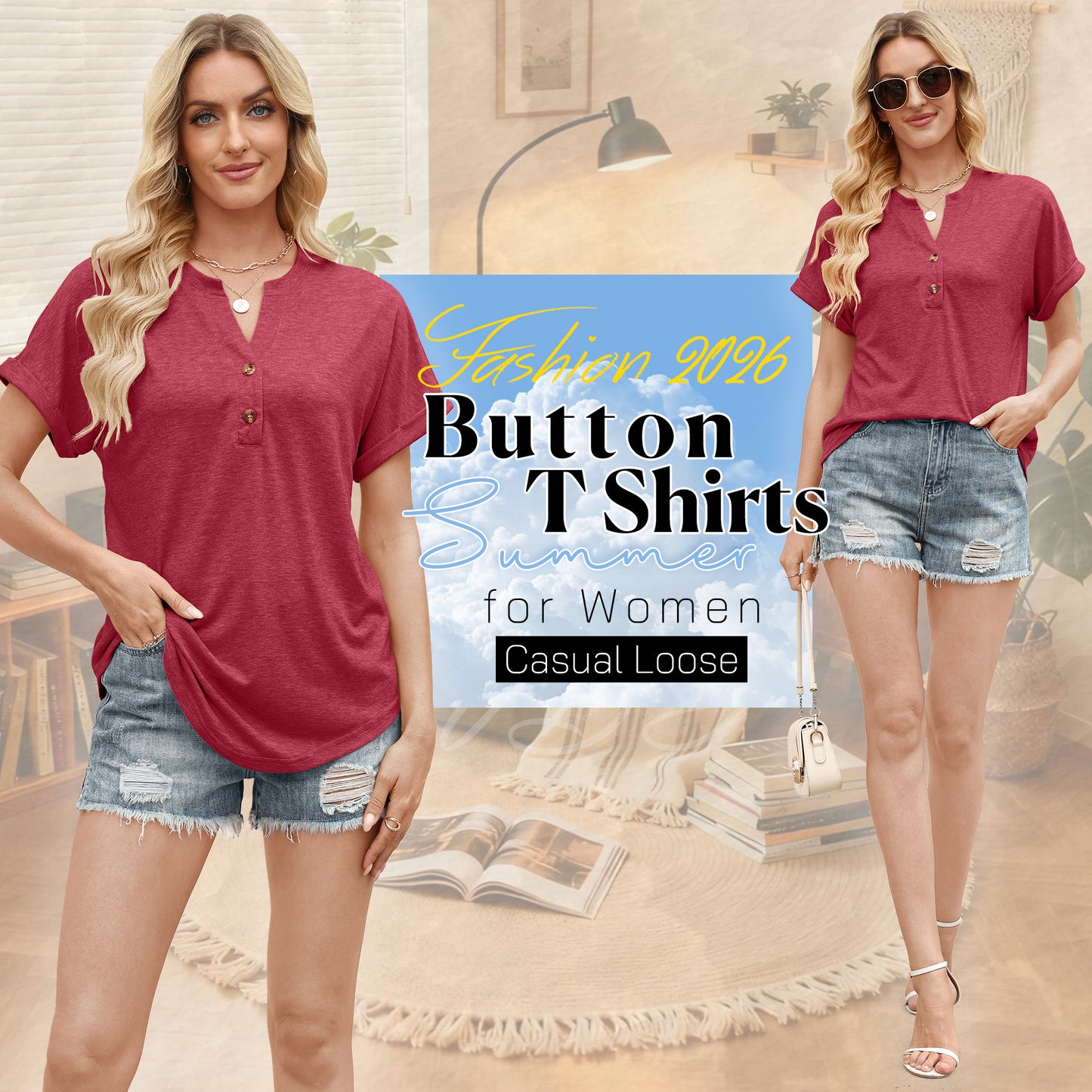 VDJ Womens T Shirt Short Sleeve Henley Collar Casual Dressy Shirts Button Up Plain Color Burgundy Chic Blouse