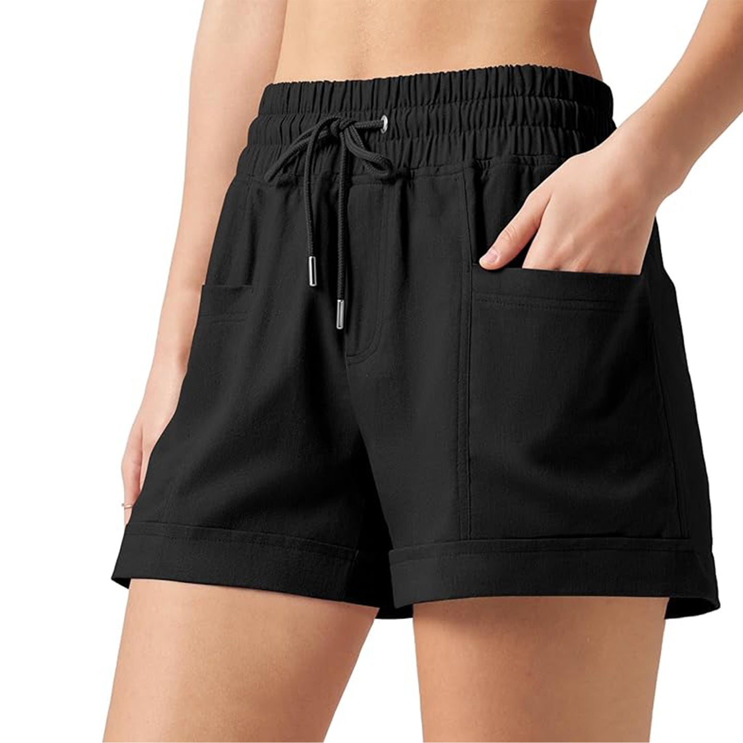 VDJ Women Casual Summer Shorts Elastic Waisted Drawstring Comfy Pull On Lightweight Black Shorts with Pockets