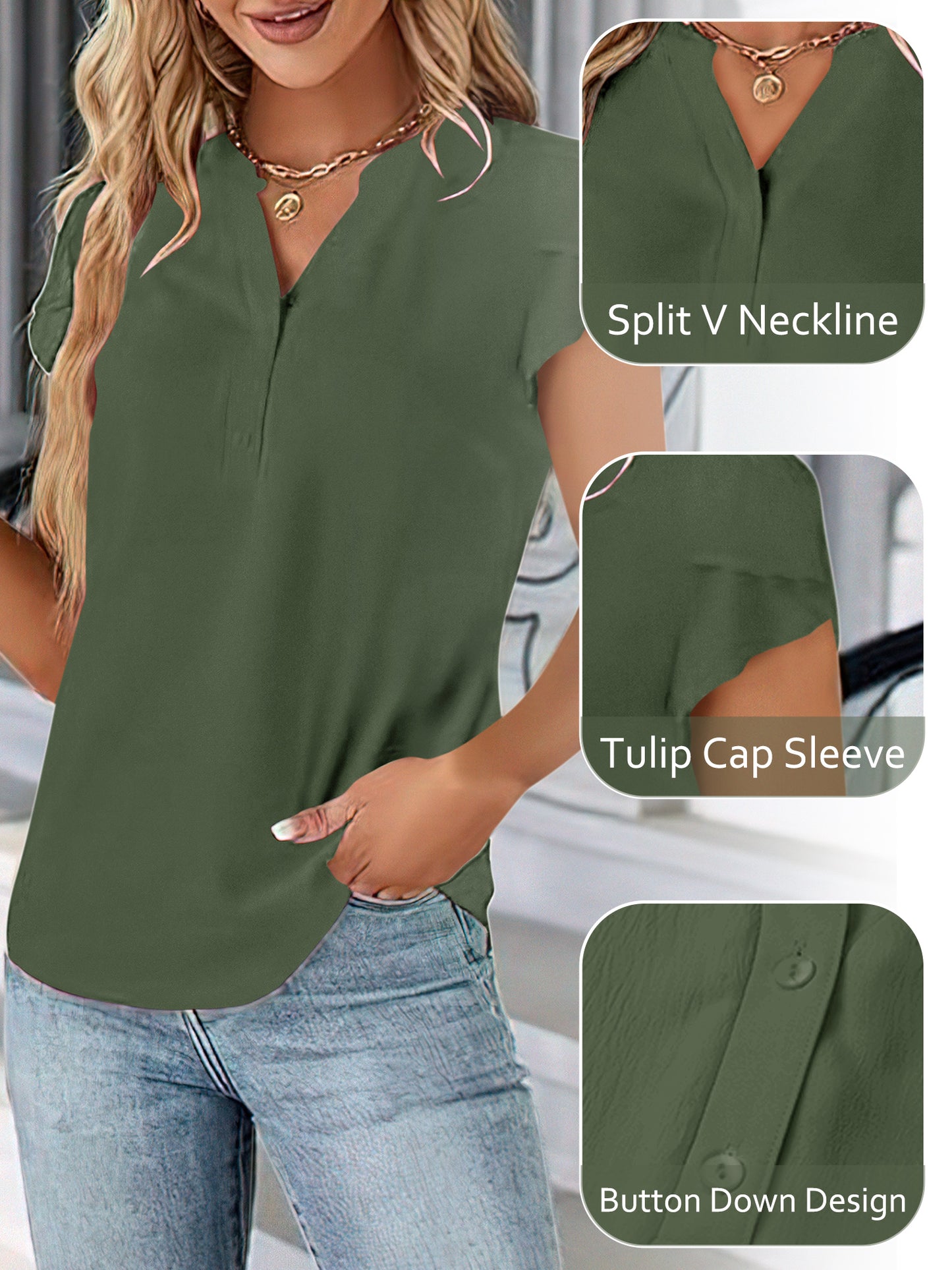 VDJ Women Short Sleeve Shirts Summer Casual Blouses Button Down Lightweight Fashion Business Tshirt Army Green Clothes
