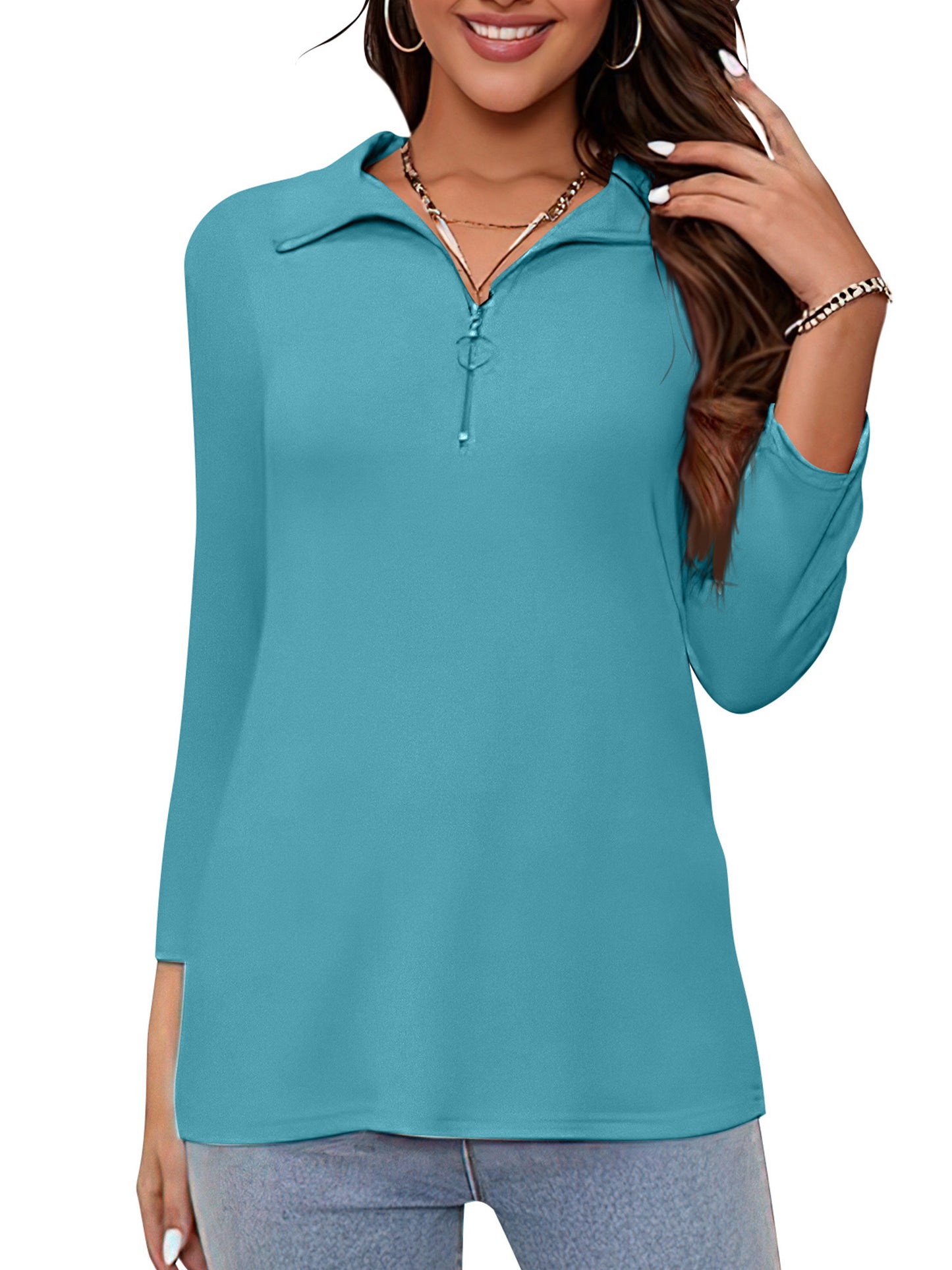 VDJ Women's T Shirts V Neck 3/4 Sleeve Quarter Zip Collared Tops Mint Polo Shirts Summer Fall Tees