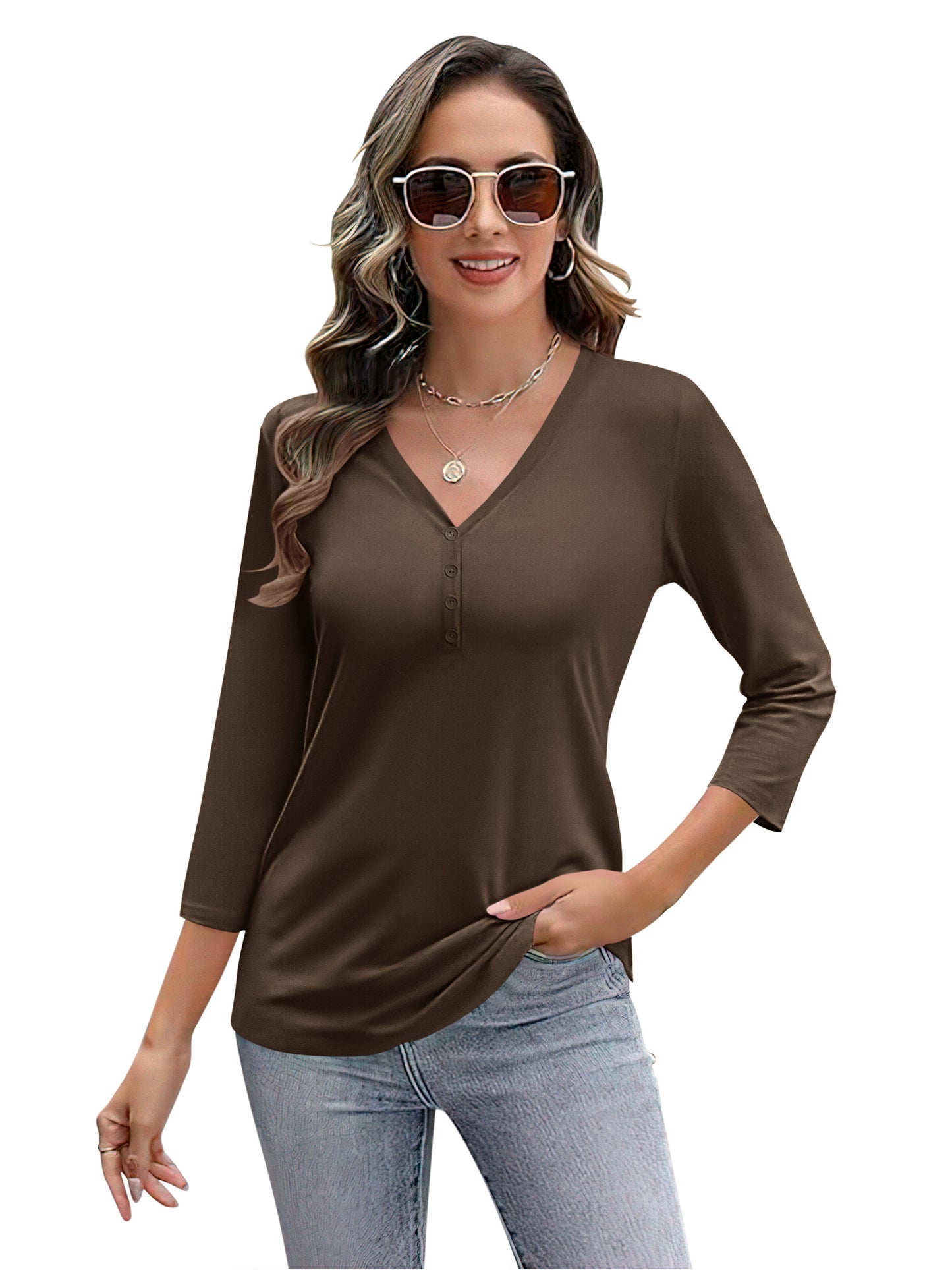 VDJ Women's 2025 Fashion Tops 3/4 Sleeve T-Shirts Cute V Neck Basic Business Tees Coffee Blouses