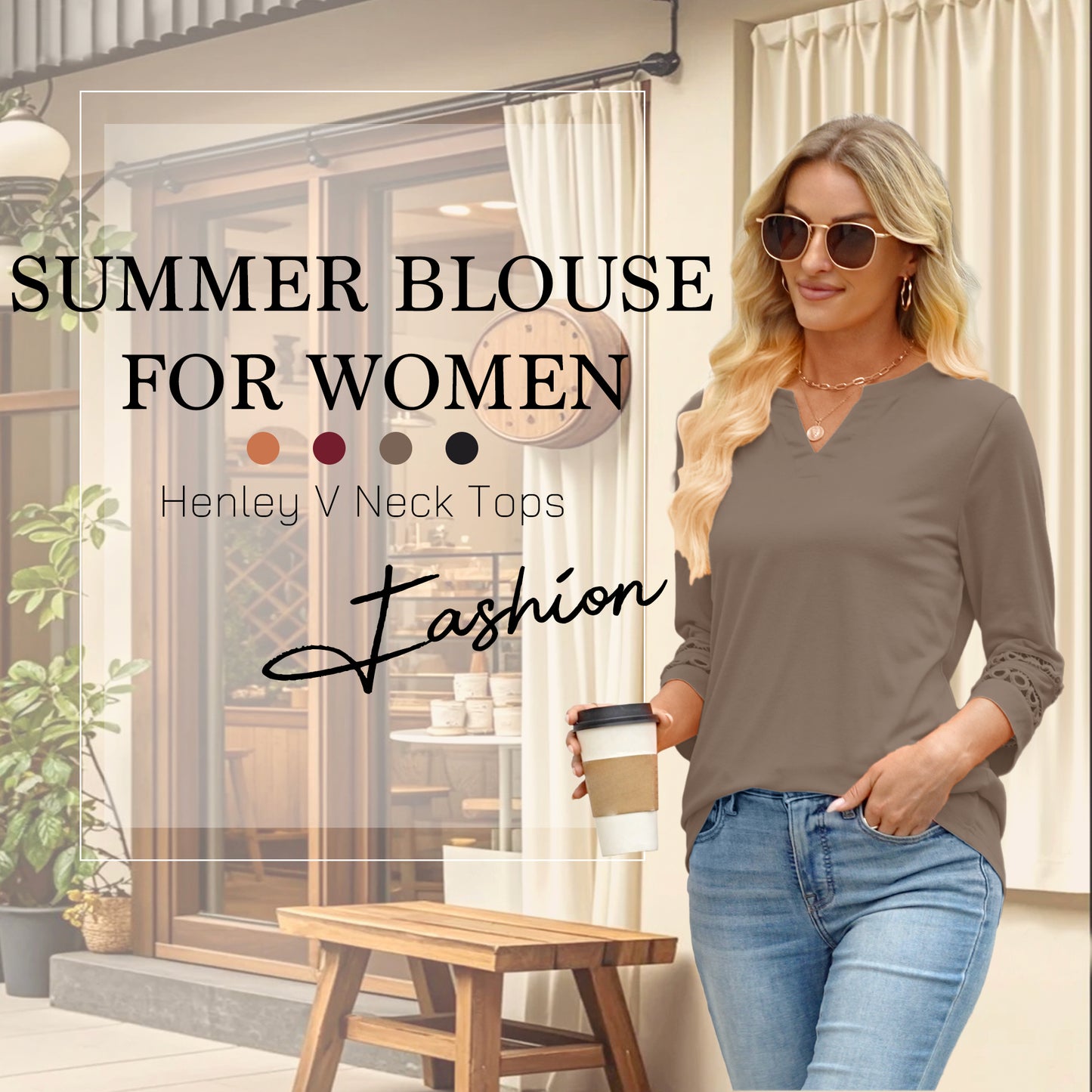 VDJ Women 3/4 Sleeve Tops Summer Holiday Fashion V Neck T Shirts Comfort Lightweight Blouse Black Tunic Tee