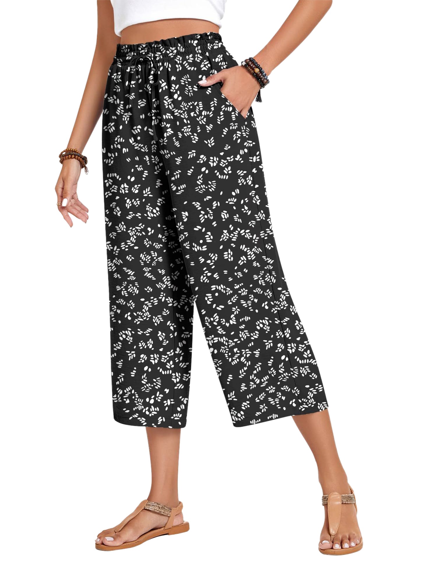 VDJ Womens Summer Wide Leg Capris Pants High Elastic Waist Loose Long Flowy Palazzo Work Pants Cropped Trouses with Pockets