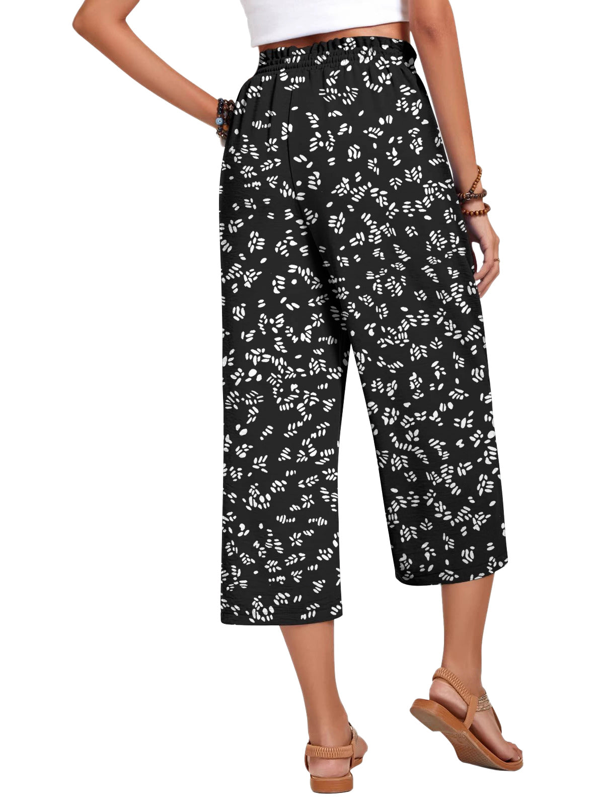 VDJ Womens Summer Wide Leg Capris Pants High Elastic Waist Loose Long Flowy Palazzo Work Pants Cropped Trouses with Pockets