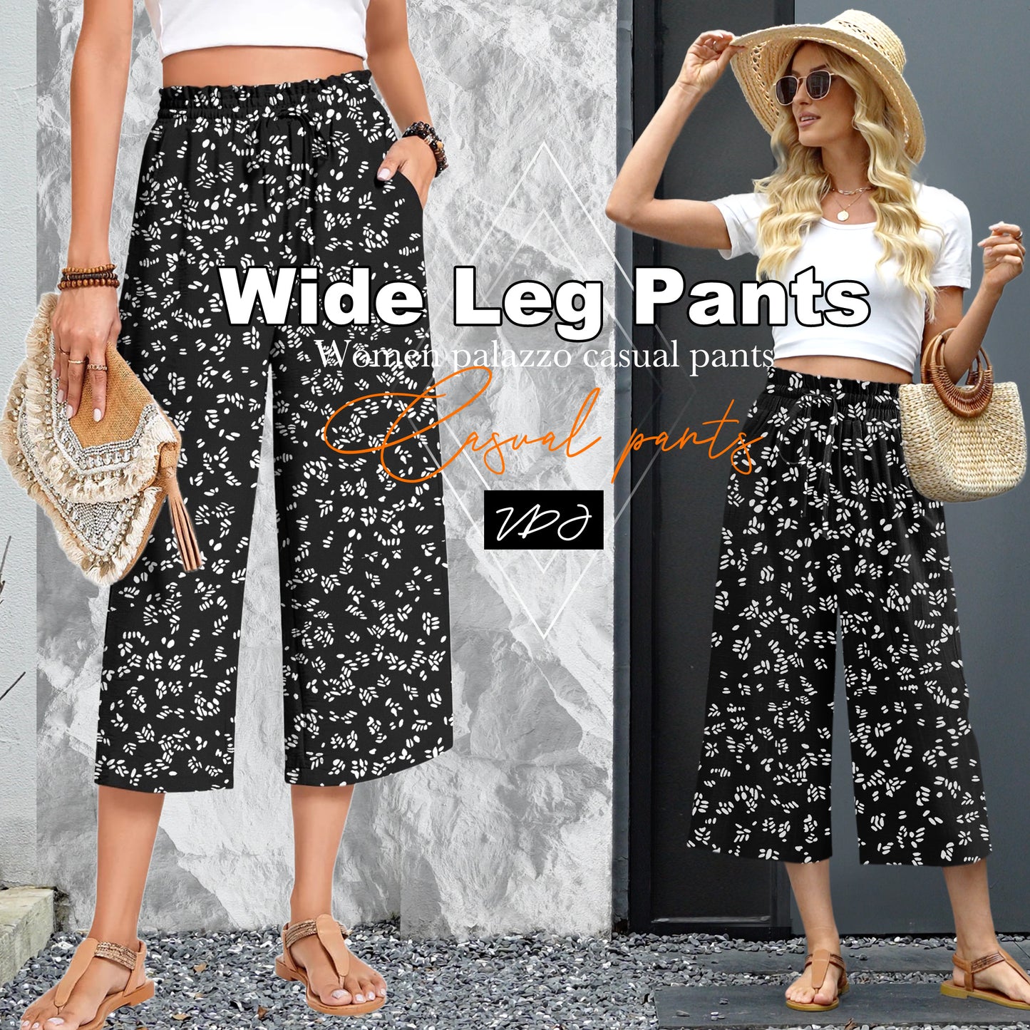 VDJ Womens Summer Wide Leg Capris Pants High Elastic Waist Loose Long Flowy Palazzo Work Pants Cropped Trouses with Pockets