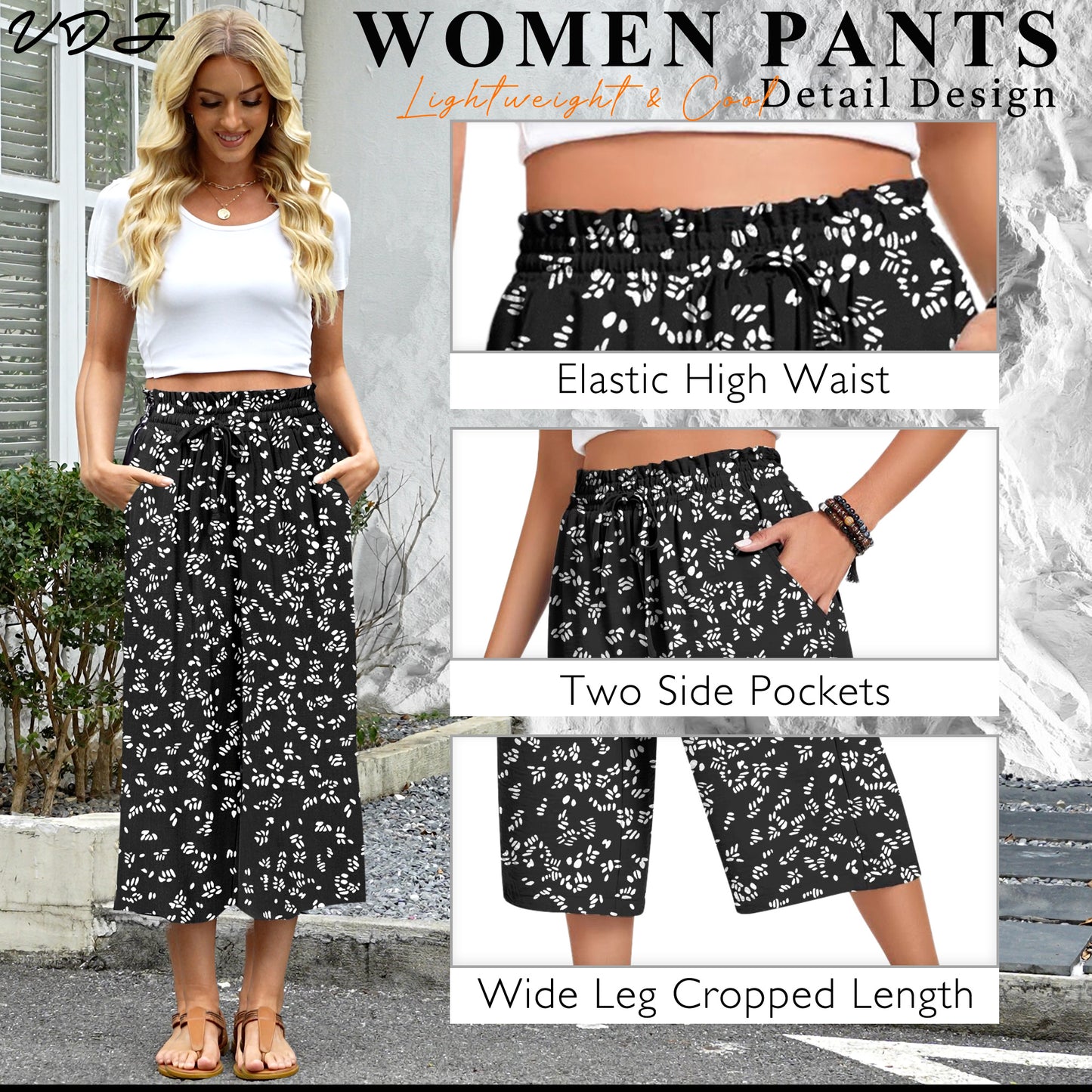 VDJ Womens Summer Wide Leg Capris Pants High Elastic Waist Loose Long Flowy Palazzo Work Pants Cropped Trouses with Pockets