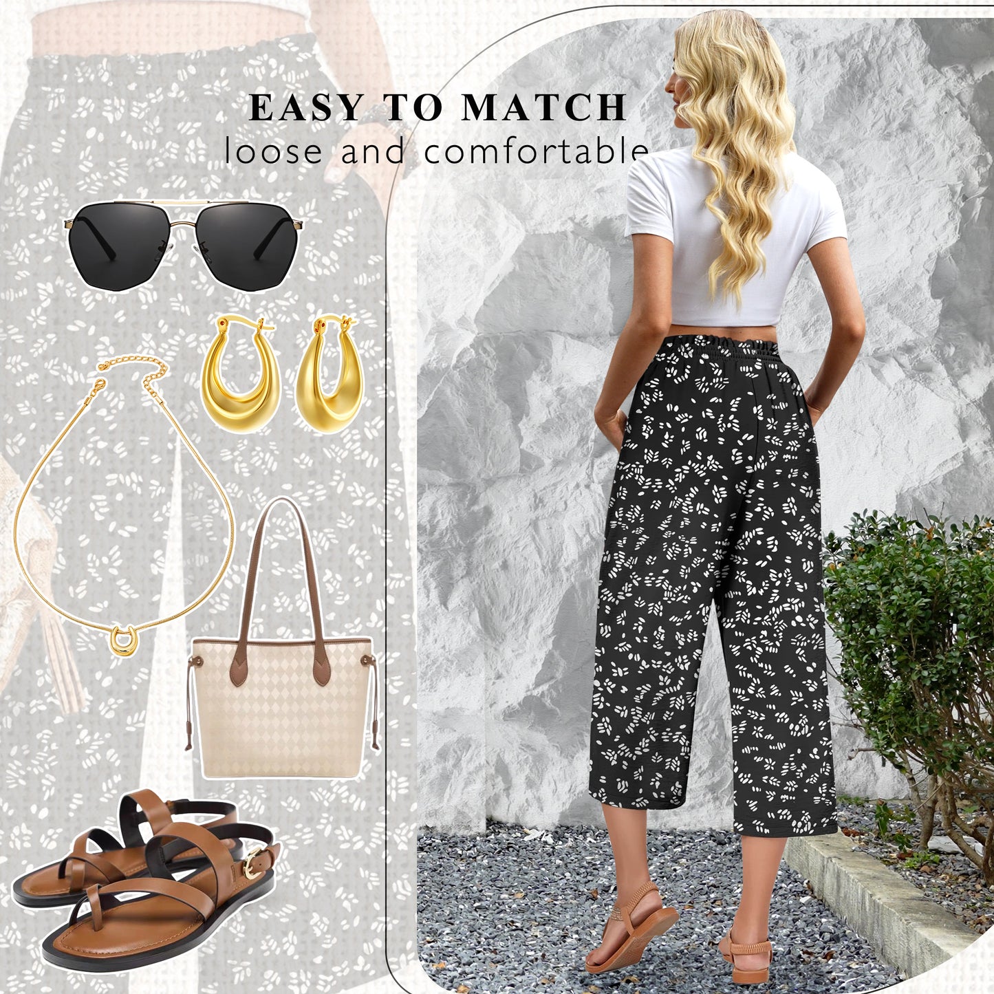 VDJ Womens Summer Wide Leg Capris Pants High Elastic Waist Loose Long Flowy Palazzo Work Pants Cropped Trouses with Pockets