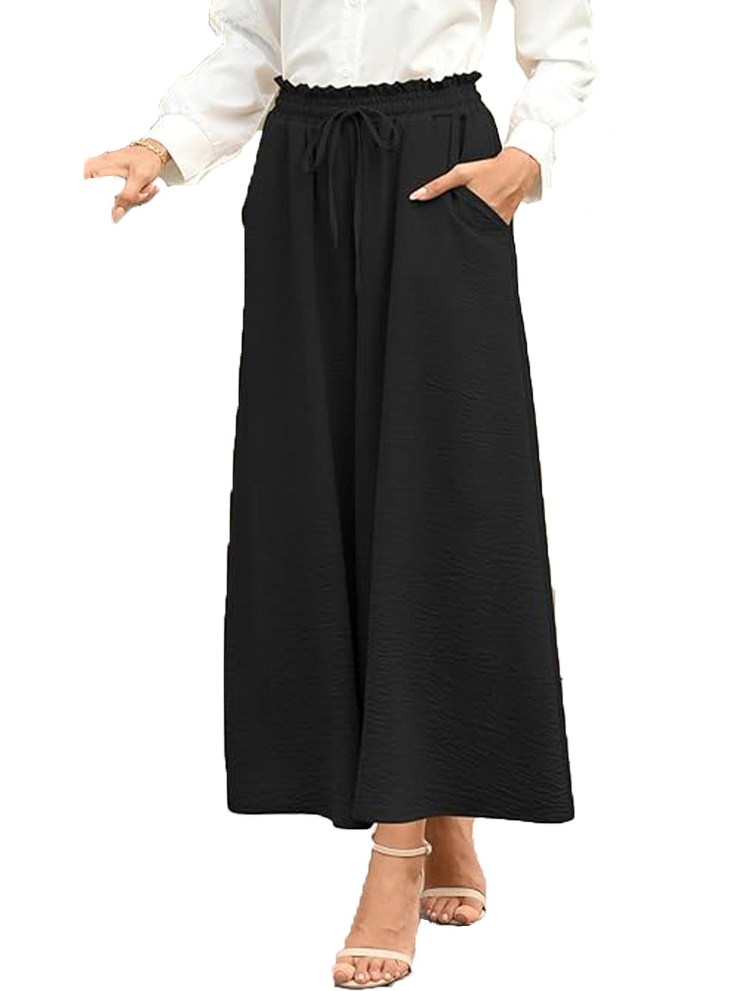 VDJ Capri Wide Leg Pants for Women High Waisted Drawstring Summer Pants Pull On Lightweight Pockets Copped Pants