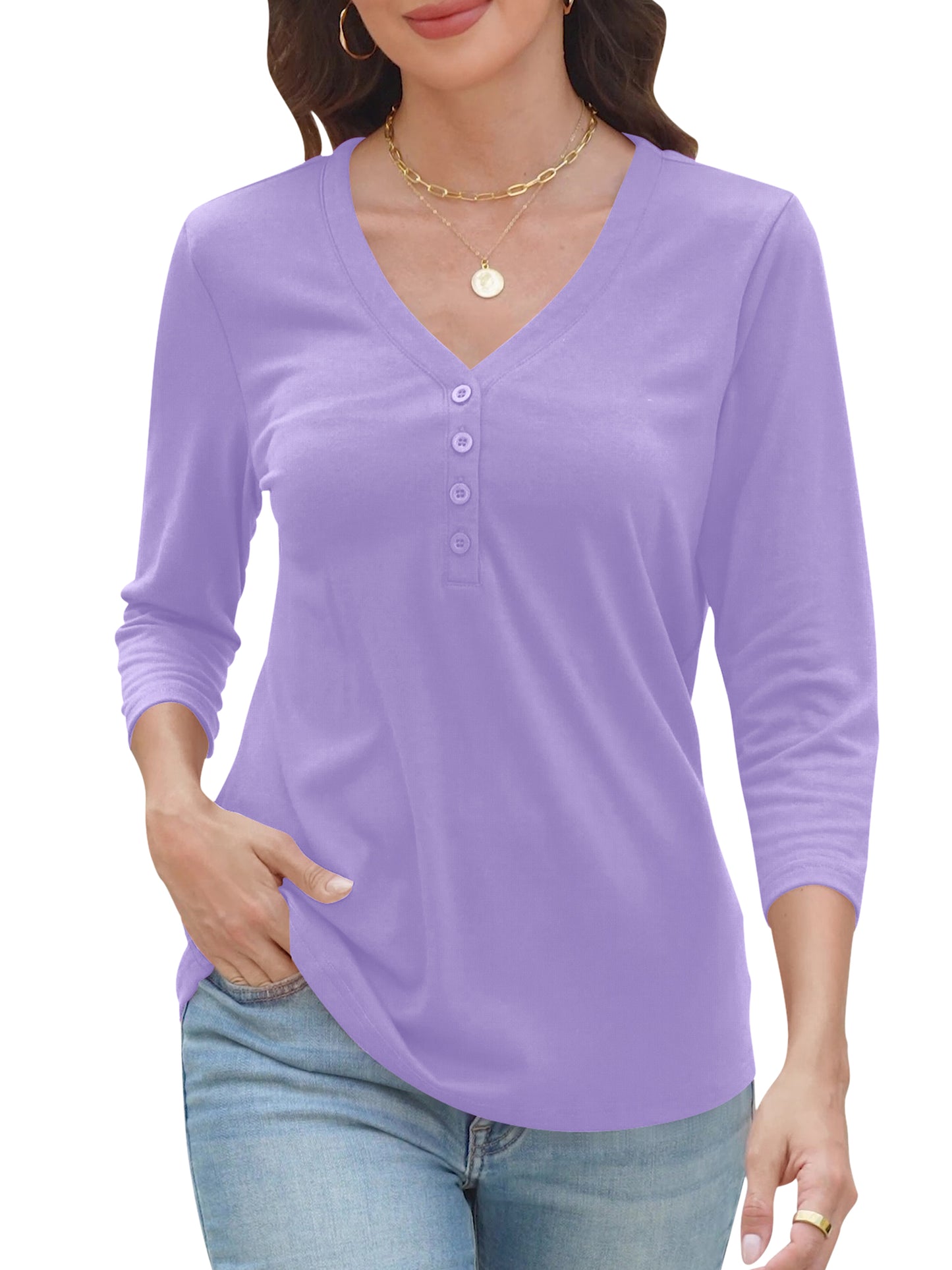 VDJ Womens Blouses Summer 3/4 Sleeve Basic T Shirts Button Up V Neck Comfort Soft Shirts Purple Tunic Tops