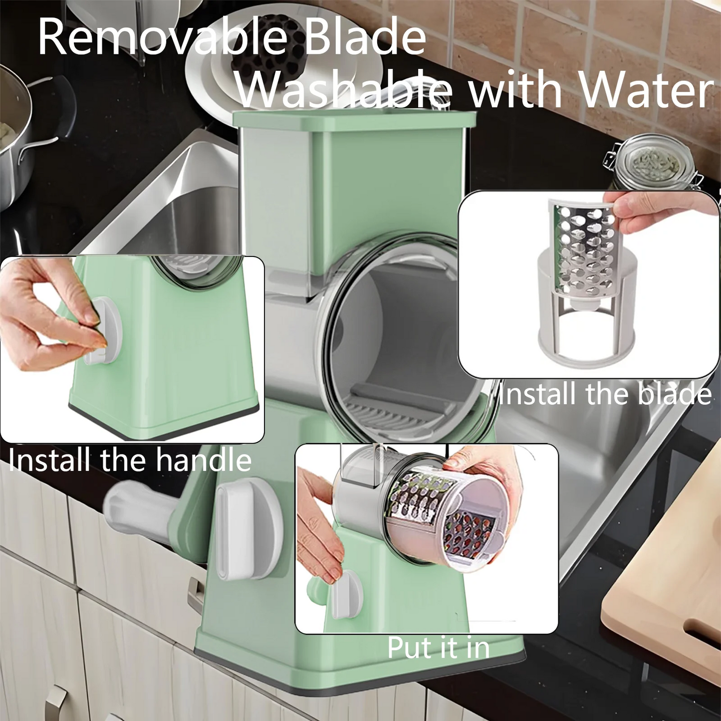 YUOFD Rotary Cheese Grater, Handheld Cheese Shredder with 6 Blades, Vegetable Slicing, Shredding and Dicing Tools