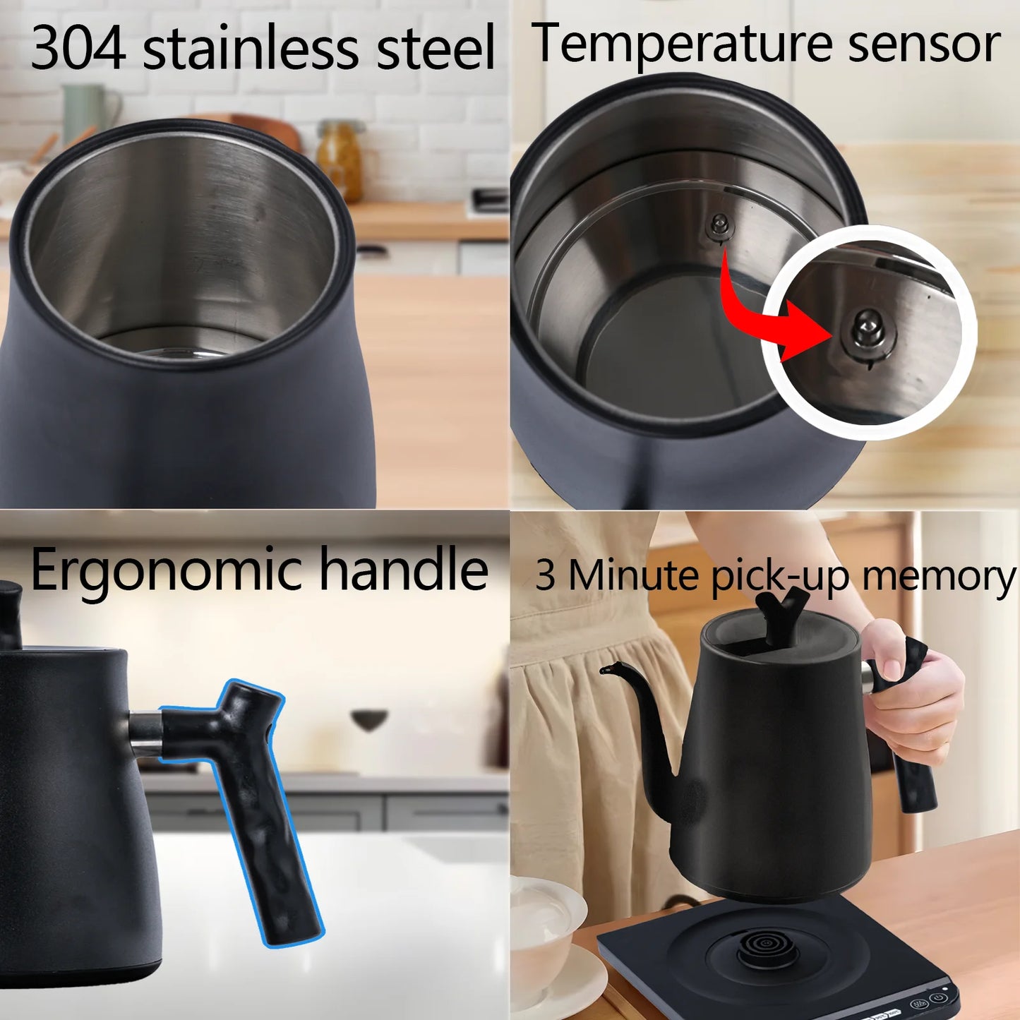 YUOFD Electric Gooseneck Kettle, 1L Pour Over Stainless Steel Kettle for Coffee, Intelligent Temperature Control