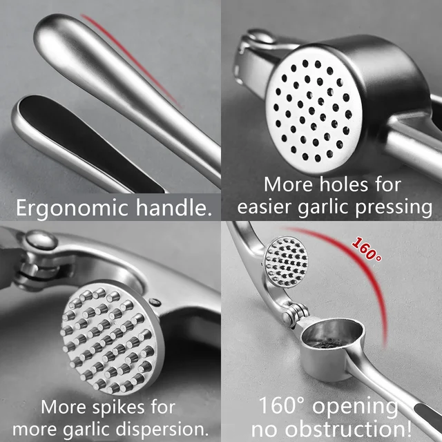 YUOFD Garlic Press, Stainless Steel Garlic Crusher with Extended Handle for Kitchen